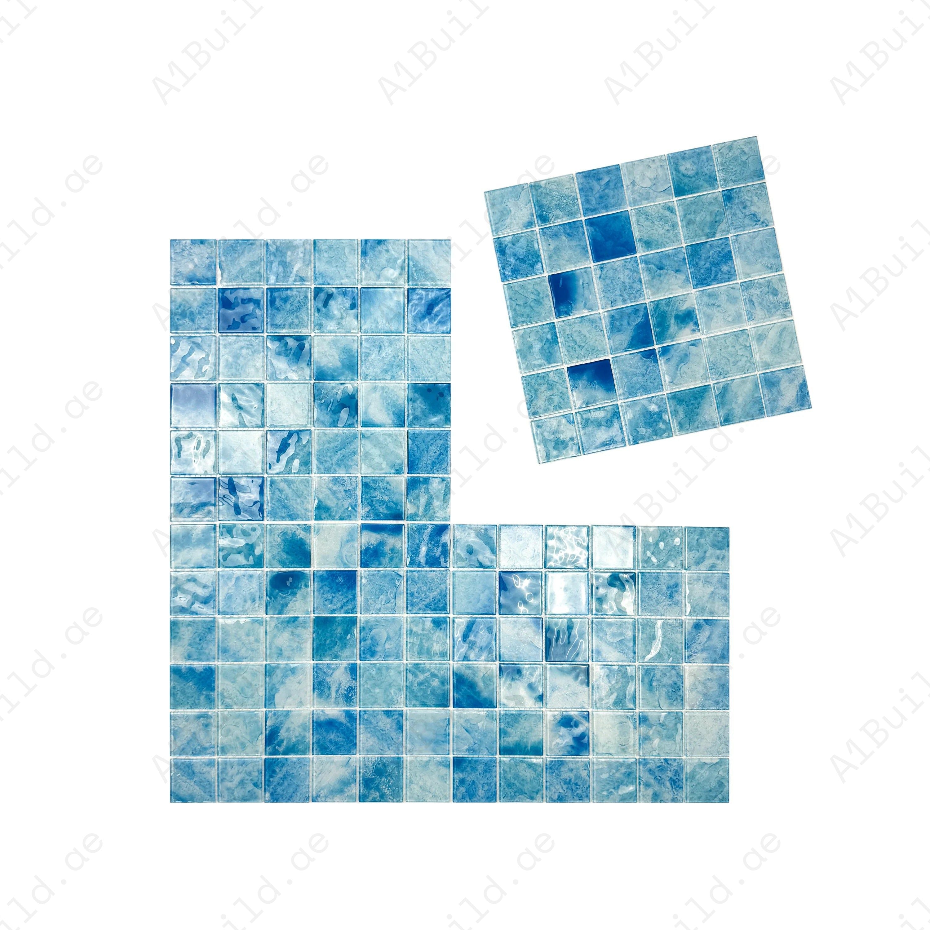 Elegant blue mixed crystal glass mosaic for pools, spas & water features. UV-resistant, durable, eco-friendly, and ideal for luxury aquatic spaces in Dubai.