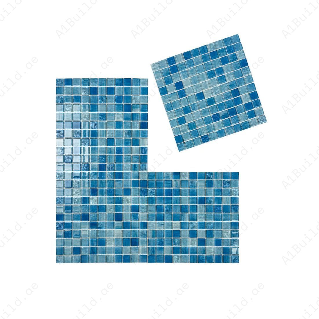 Elegant glass pool mosaic in light, baby & French blue. Durable, slip-resistant, and eco-friendly tiles perfect for pools, spas, and decorative water features.