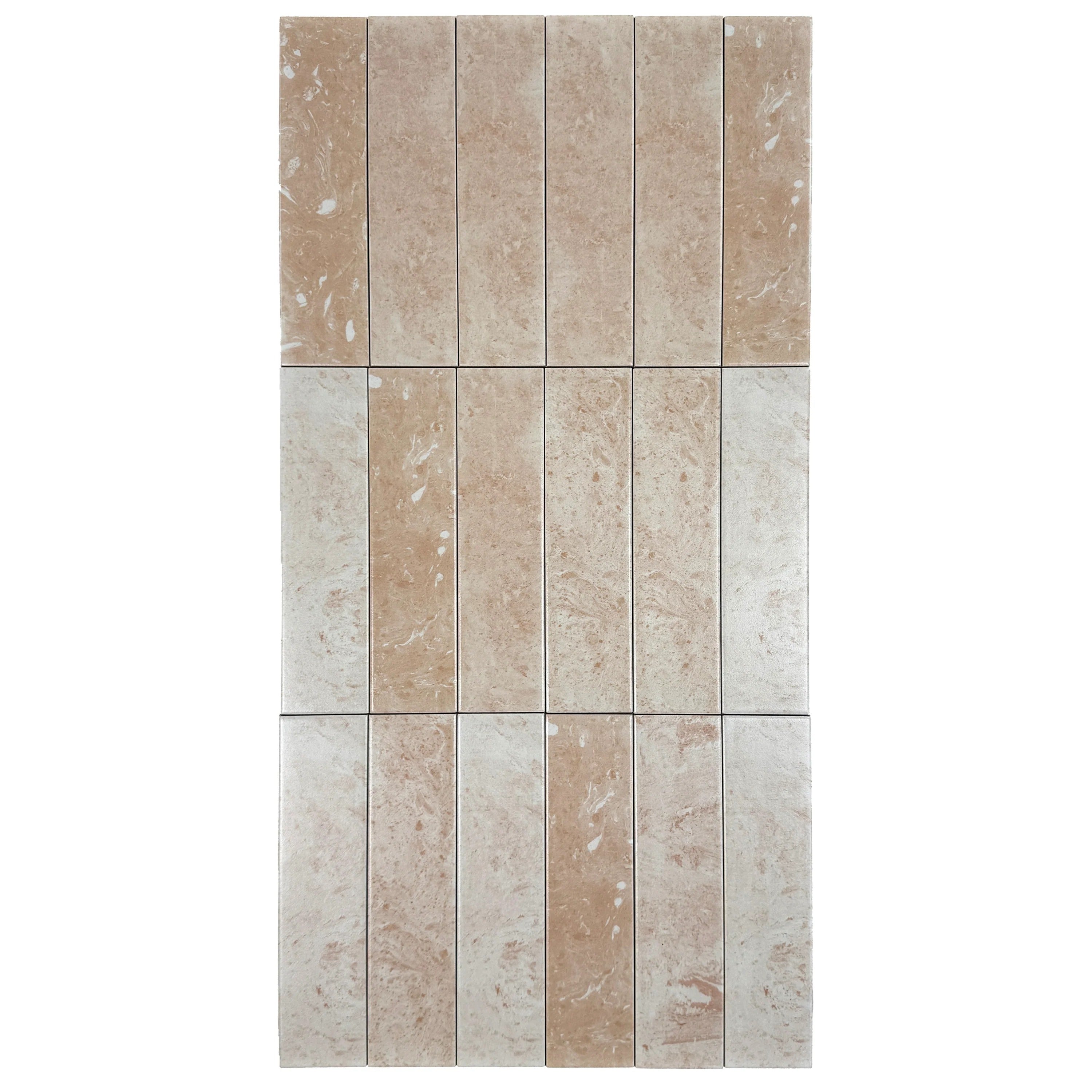 "Elegant long-strip porcelain tiles in light sandy beige & creamy off-white, ideal for walls, floors, kitchens & bathrooms with durable, timeless style.
