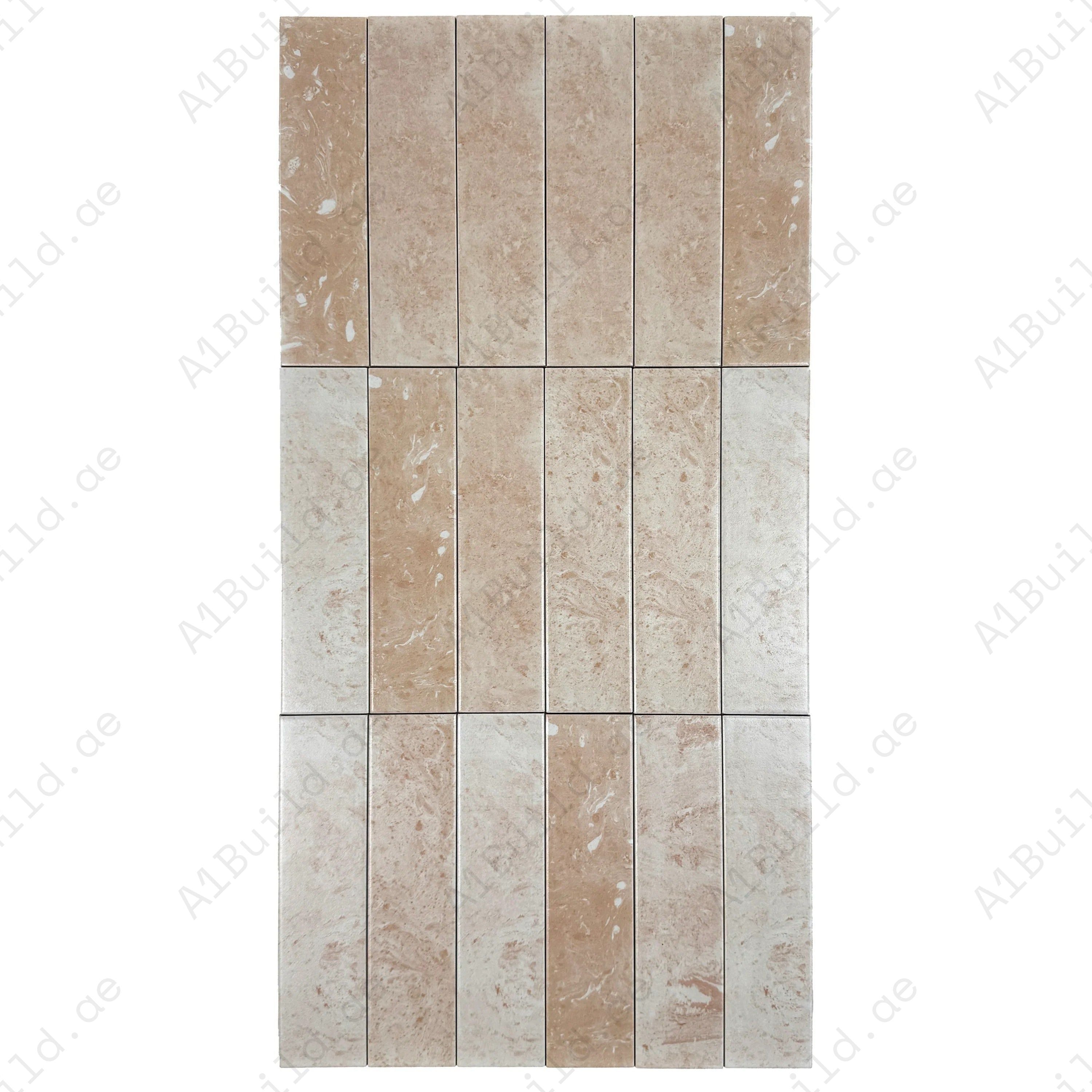 "Elegant long-strip porcelain tiles in light sandy beige & creamy off-white, ideal for walls, floors, kitchens & bathrooms with durable, timeless style.