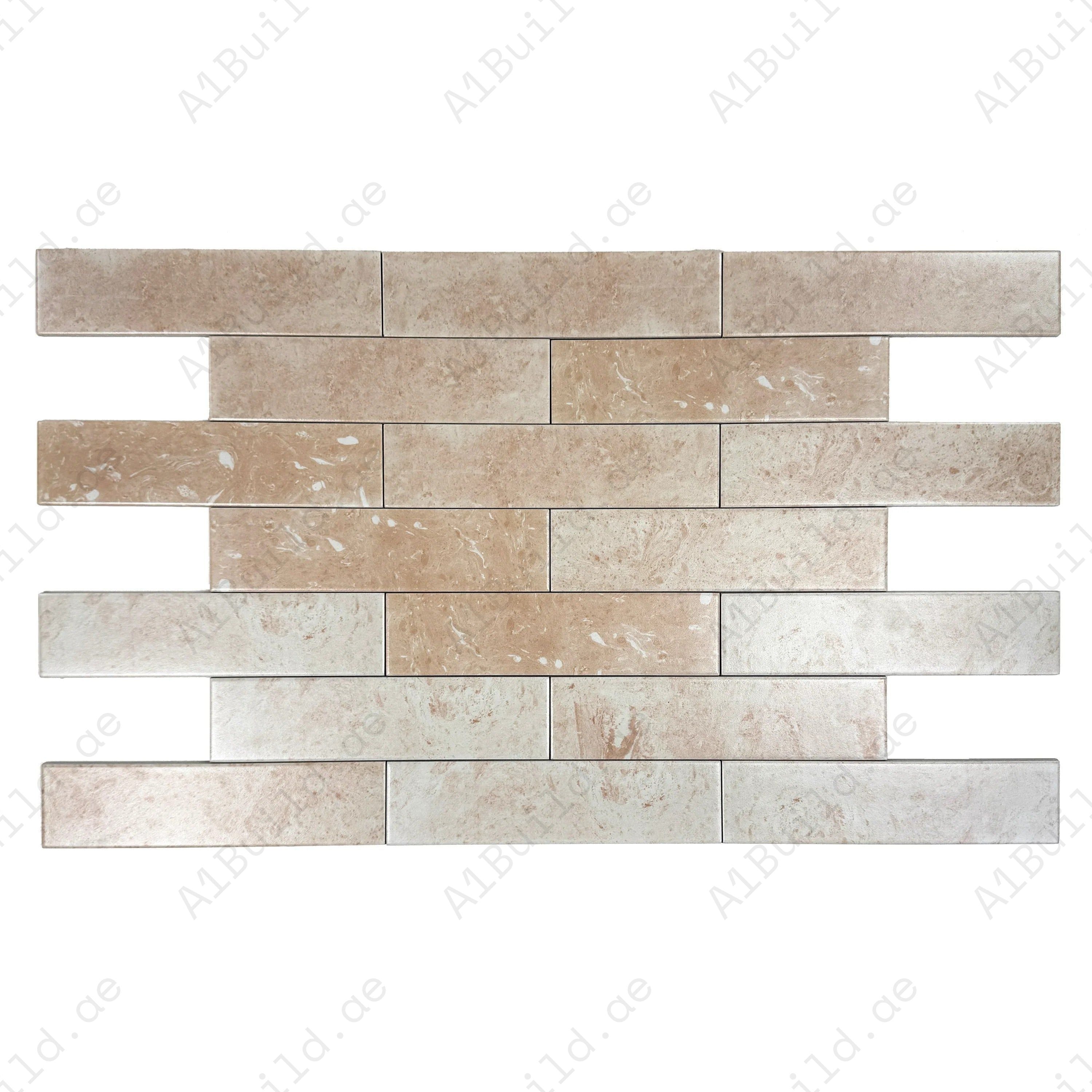 "Elegant long-strip porcelain tiles in light sandy beige & creamy off-white, ideal for walls, floors, kitchens & bathrooms with durable, timeless style.
