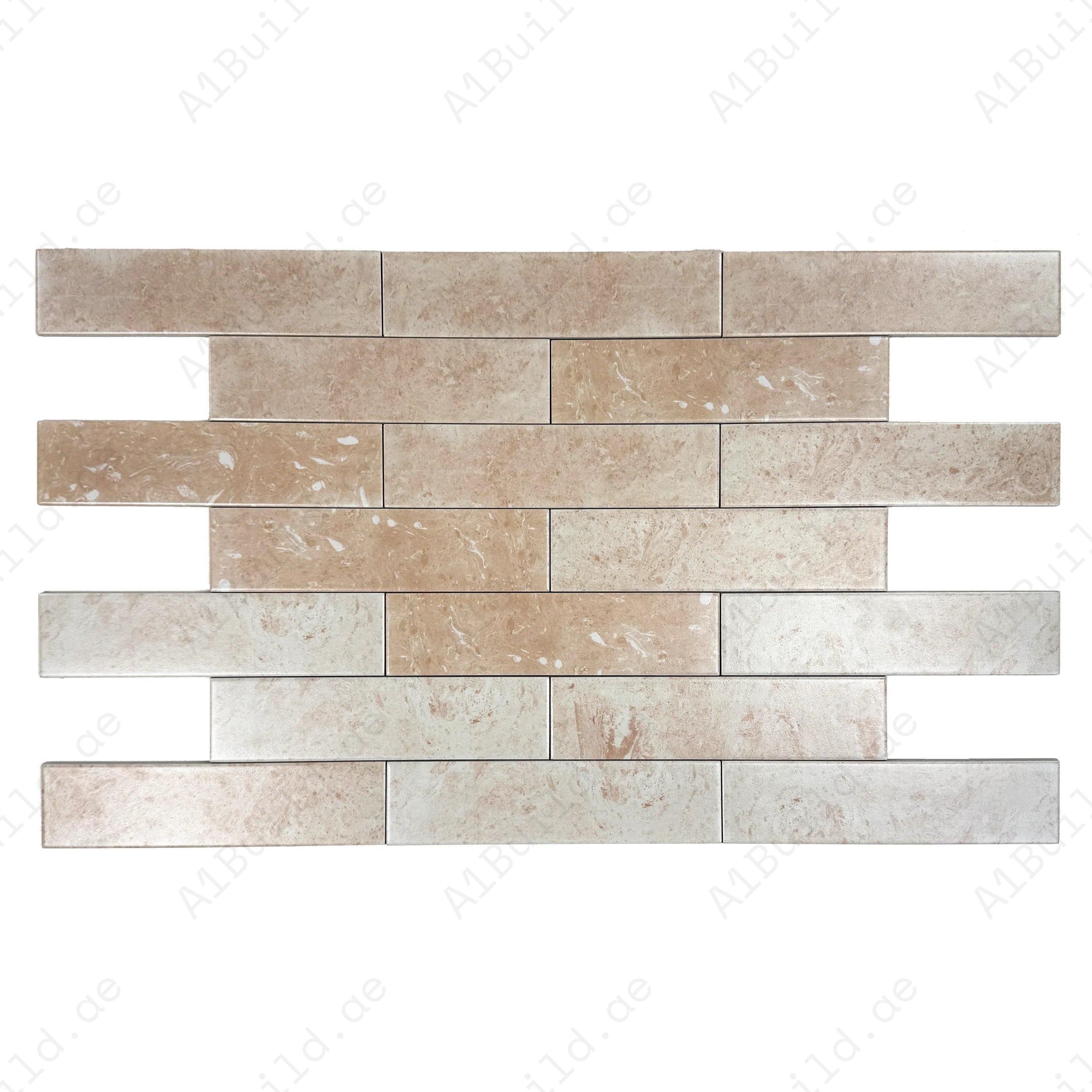 "Elegant long-strip porcelain tiles in light sandy beige & creamy off-white, ideal for walls, floors, kitchens & bathrooms with durable, timeless style.