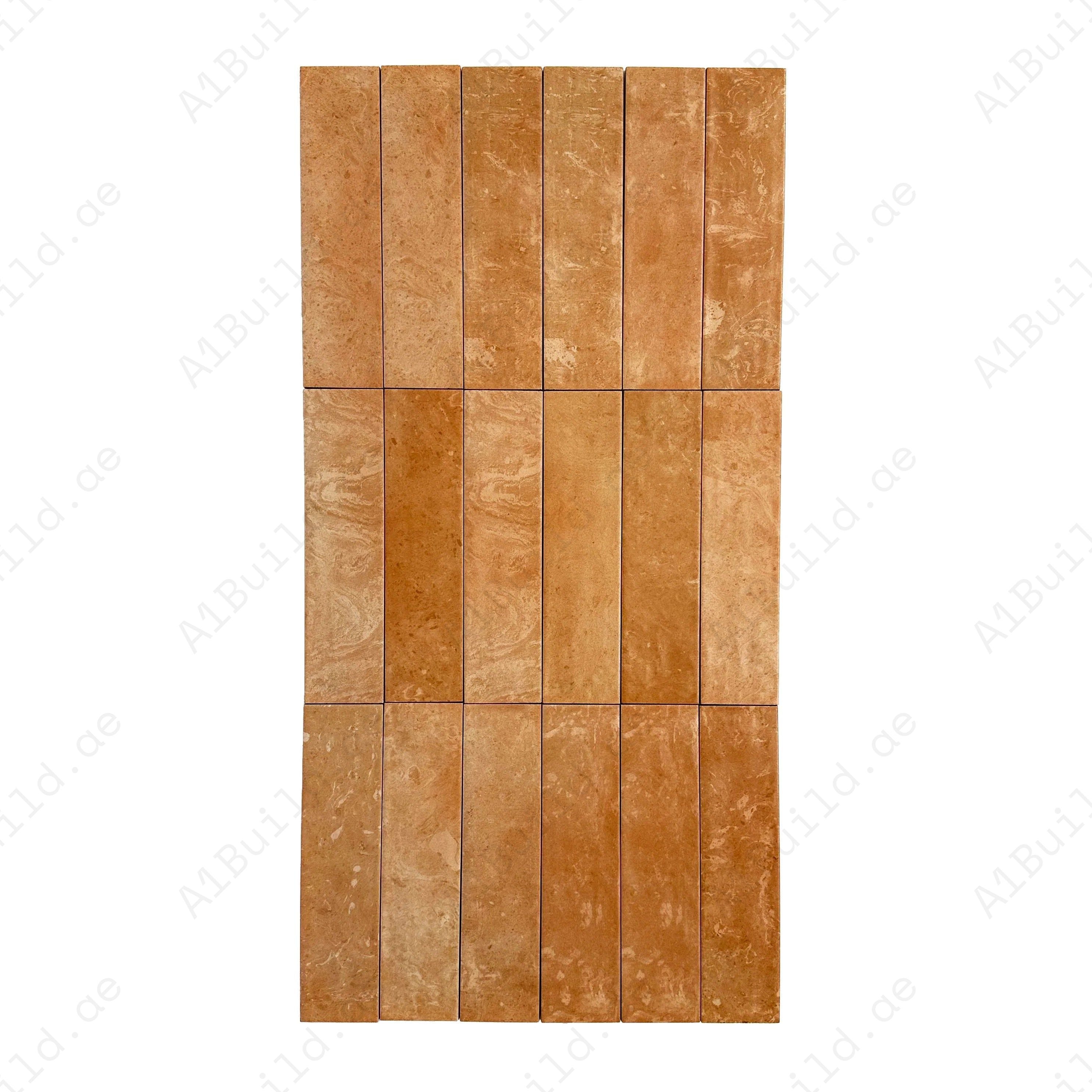 Elegant pink matte porcelain tile with a long-strip design. Durable, waterproof & stain-resistant, perfect for kitchens, bathrooms, and modern interiors.