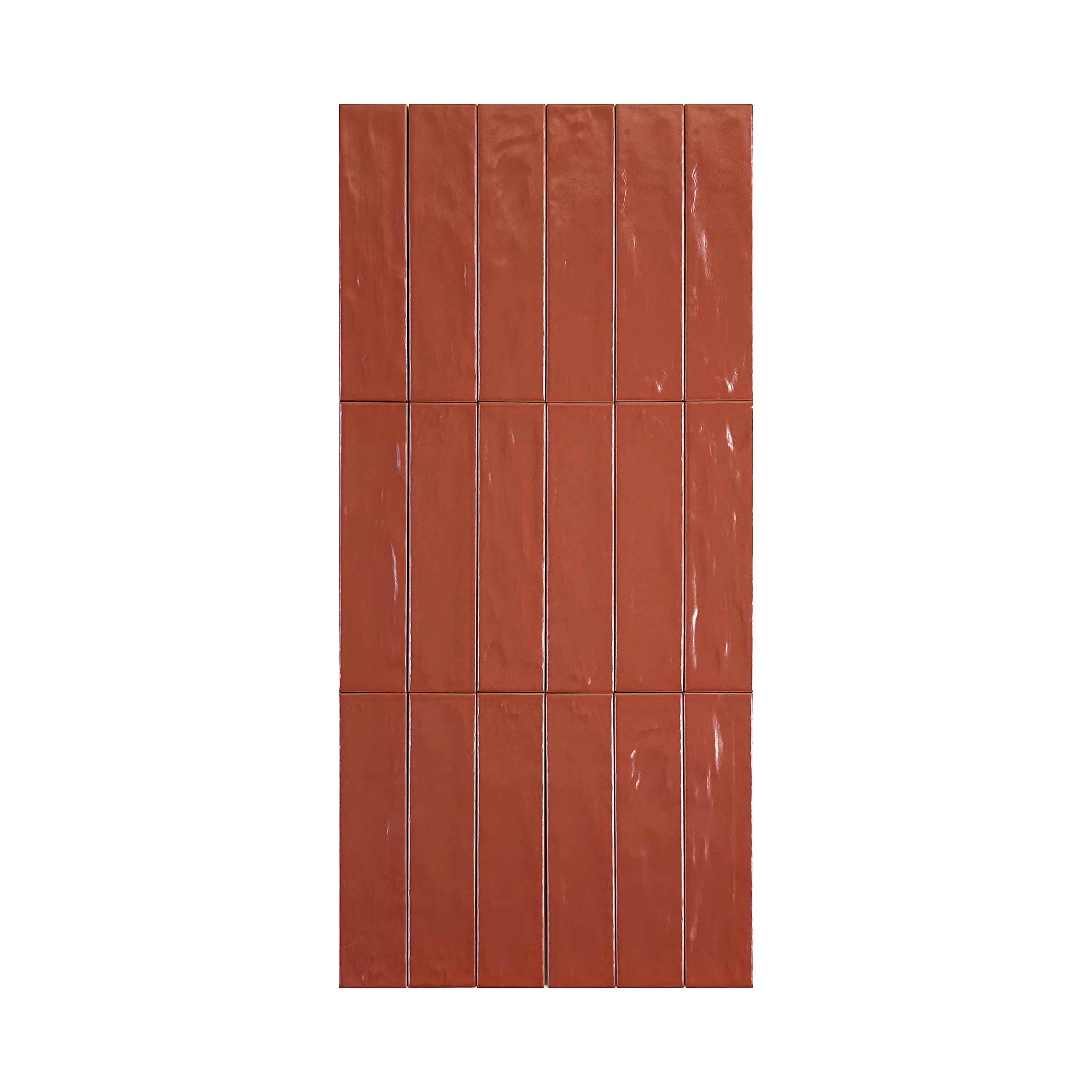Elegant red semimatte pearlescent ceramic tile with a sleek long-strip design. Perfect for walls, kitchens, and bathrooms. Durable, water- and stain-resistant.