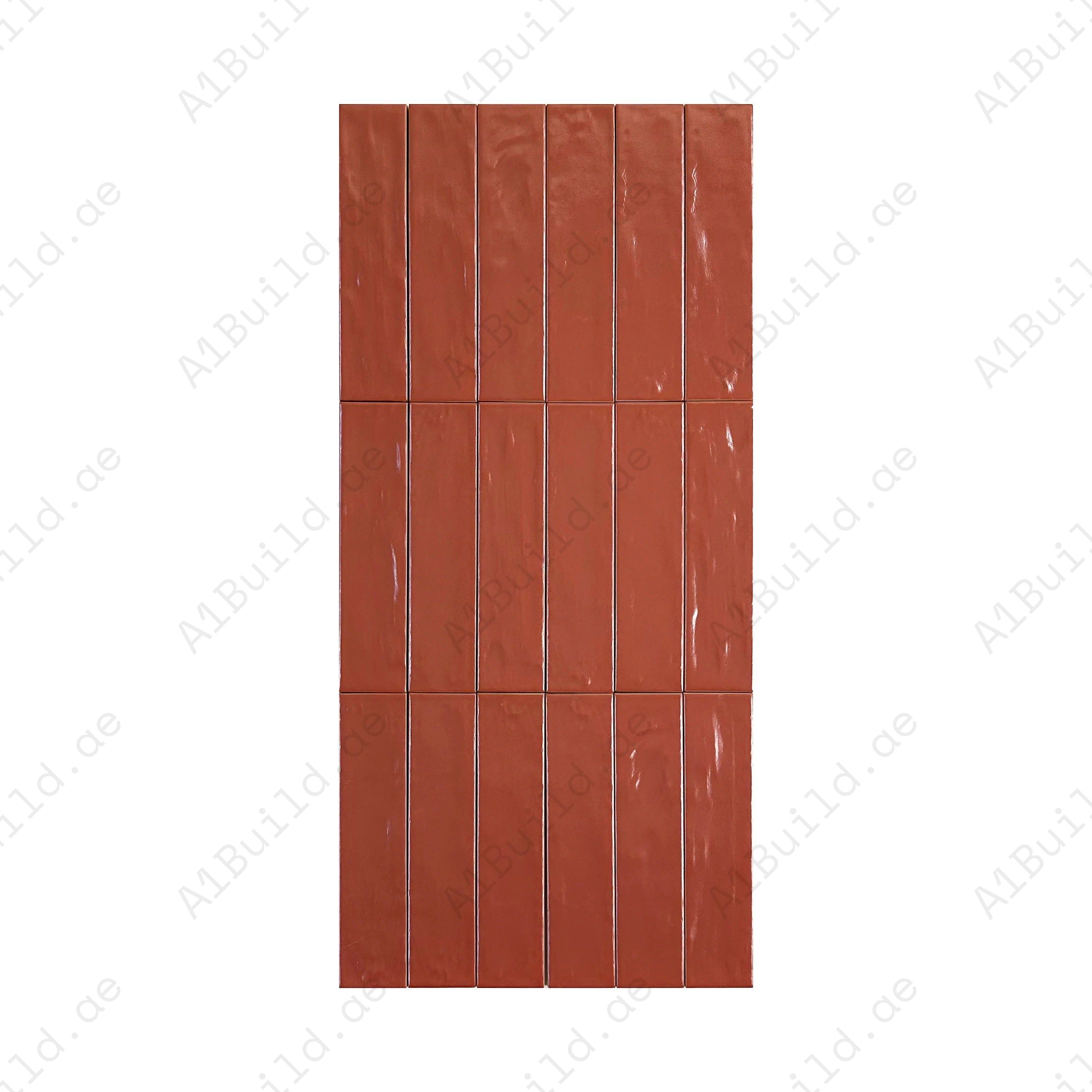 Elegant red semimatte pearlescent ceramic tile with a sleek long-strip design. Perfect for walls, kitchens, and bathrooms. Durable, water- and stain-resistant.