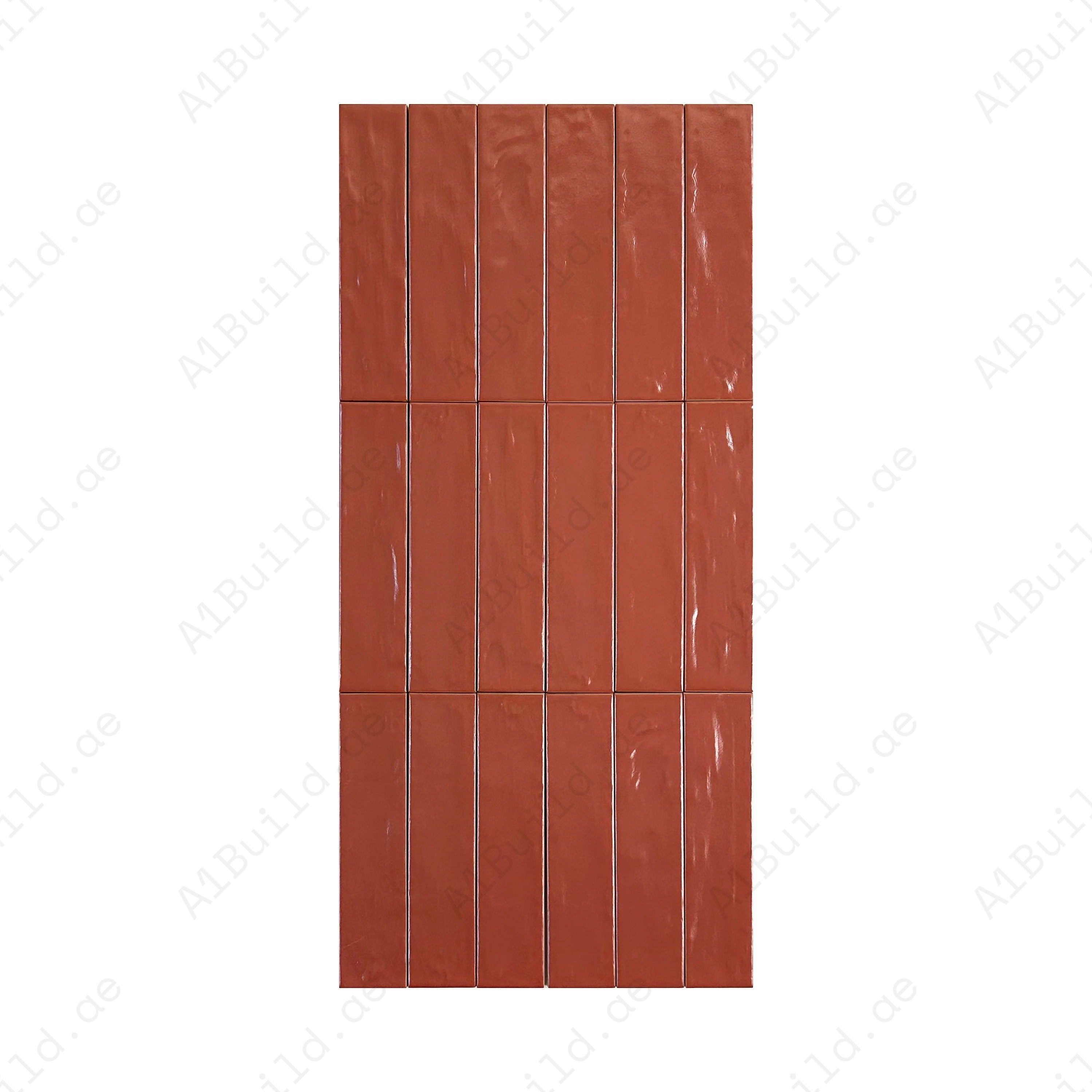 Elegant red semimatte pearlescent ceramic tile with a sleek long-strip design. Perfect for walls, kitchens, and bathrooms. Durable, water- and stain-resistant.
