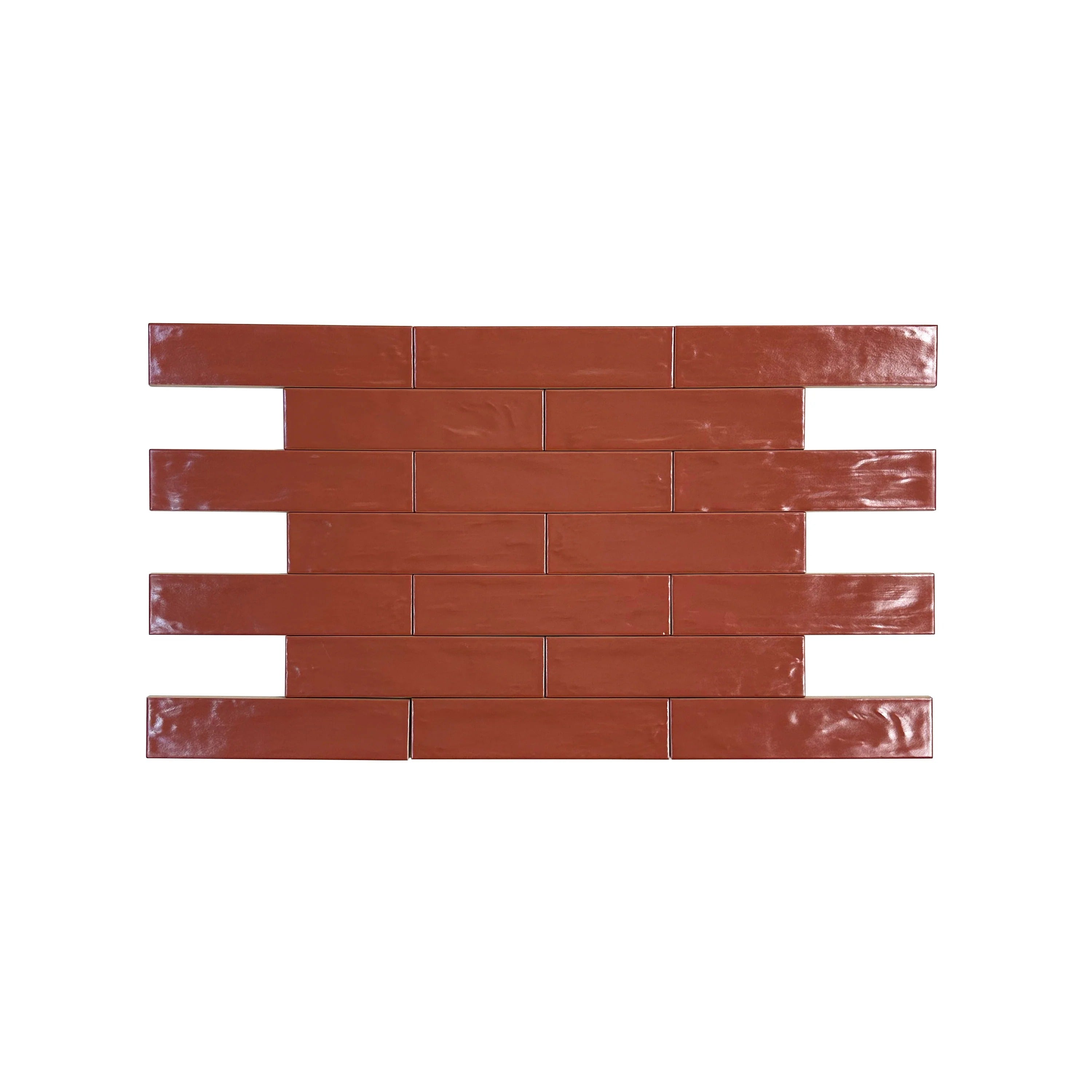 Elegant red semimatte pearlescent ceramic tile with a sleek long-strip design. Perfect for walls, kitchens, and bathrooms. Durable, water- and stain-resistant.