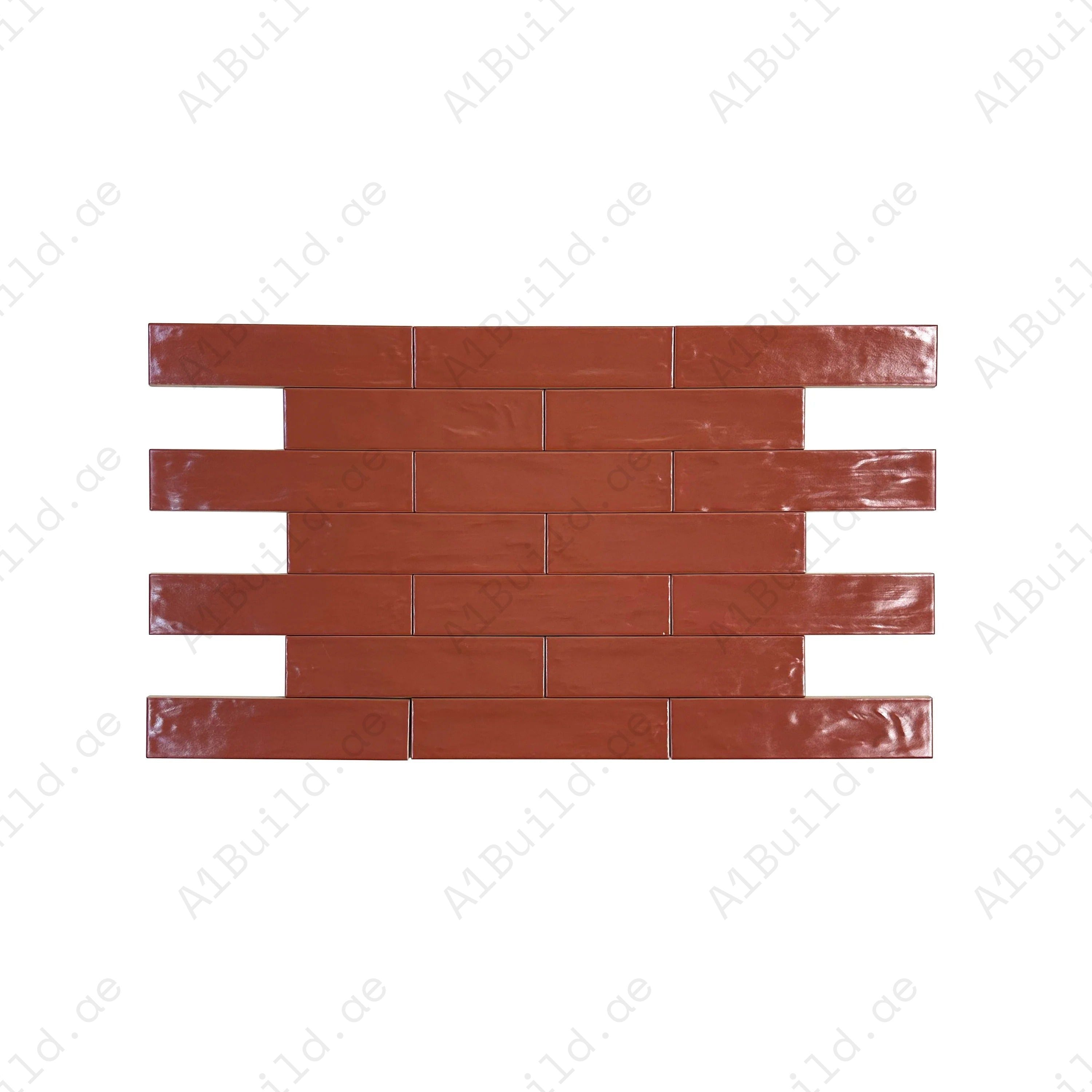 Elegant red semimatte pearlescent ceramic tile with a sleek long-strip design. Perfect for walls, kitchens, and bathrooms. Durable, water- and stain-resistant.