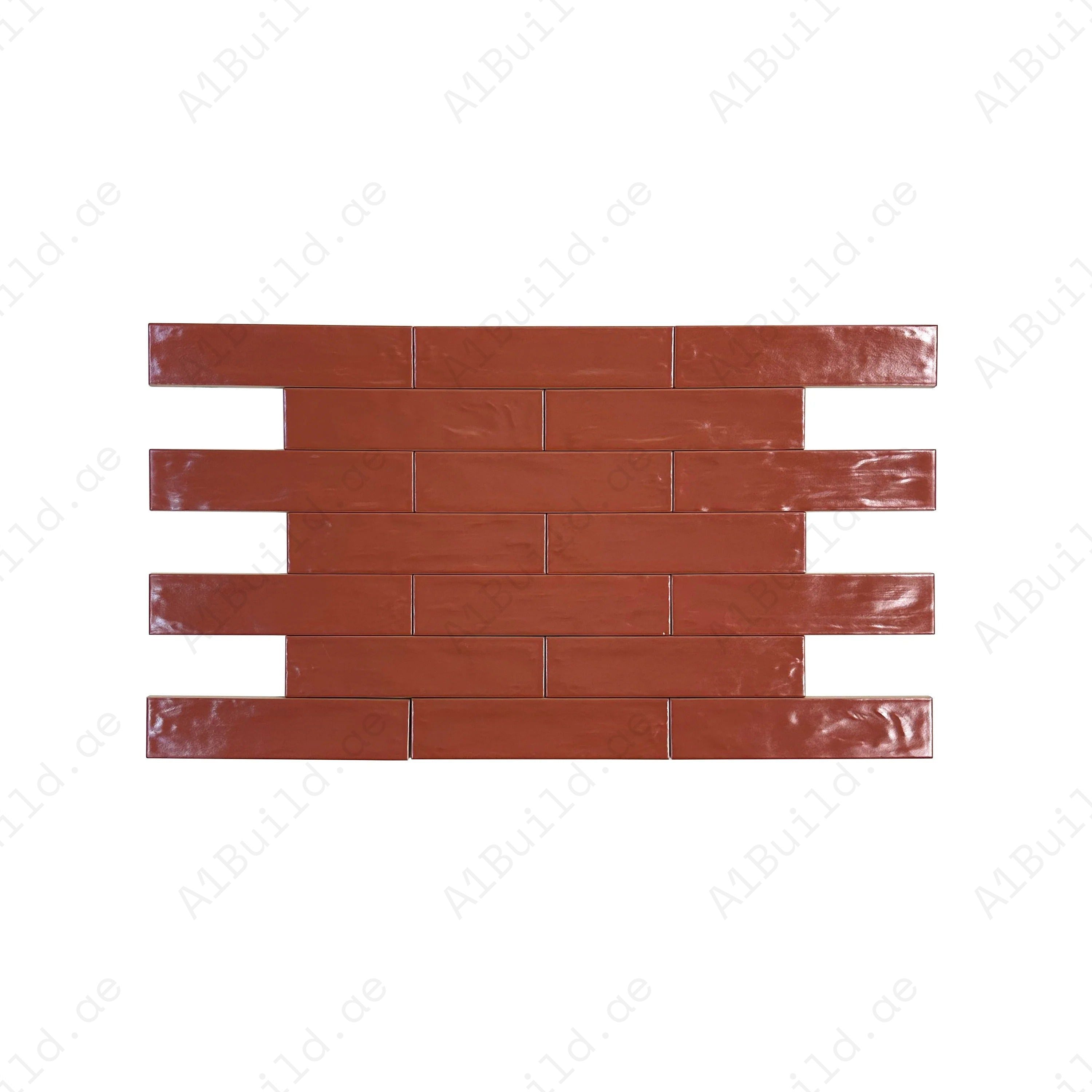 Elegant red semimatte pearlescent ceramic tile with a sleek long-strip design. Perfect for walls, kitchens, and bathrooms. Durable, water- and stain-resistant.