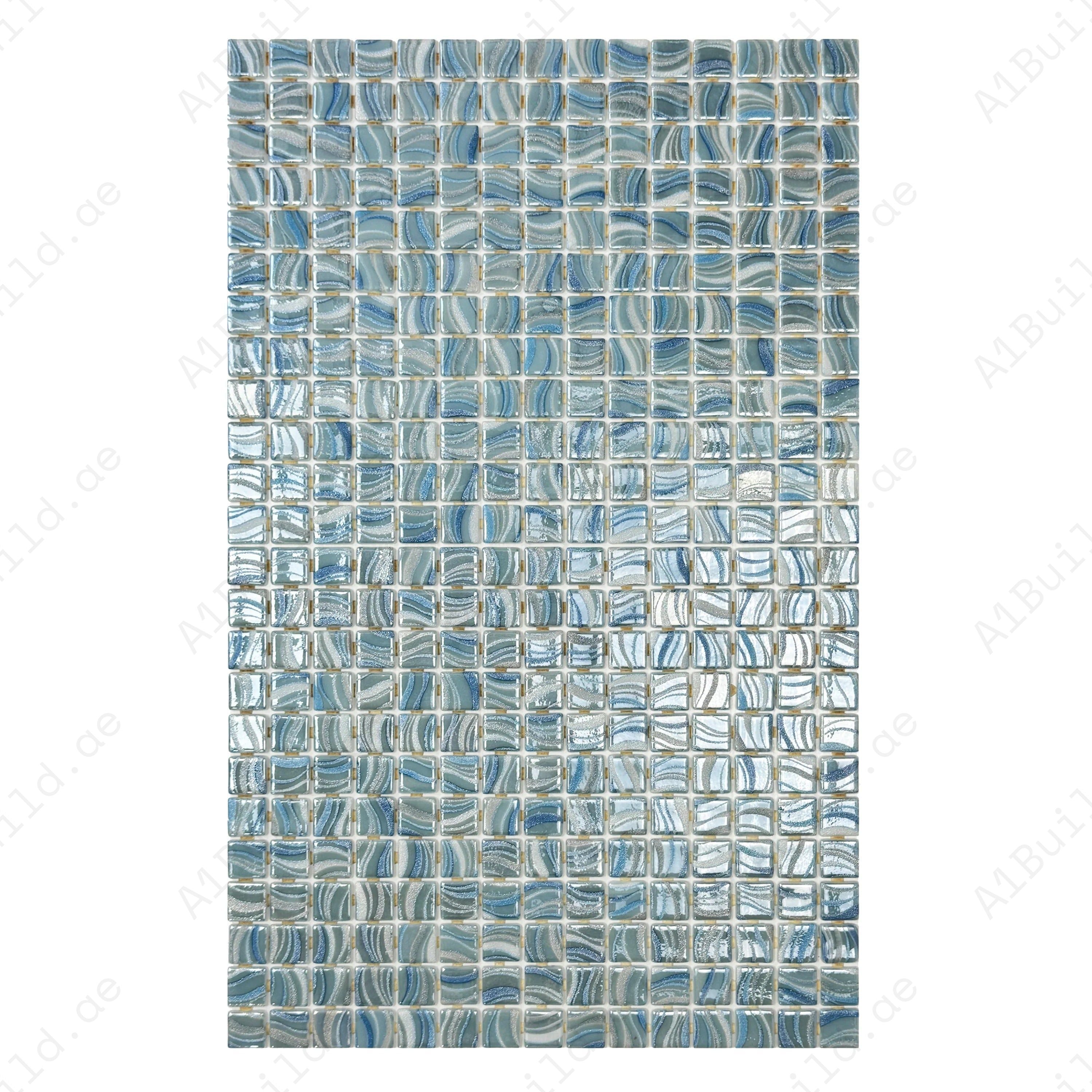 Elegant white, royal blue & baby blue recycled glass mosaic with glossy streaked texture, UV and slip-resistant, ideal for pools, spas & water features.
