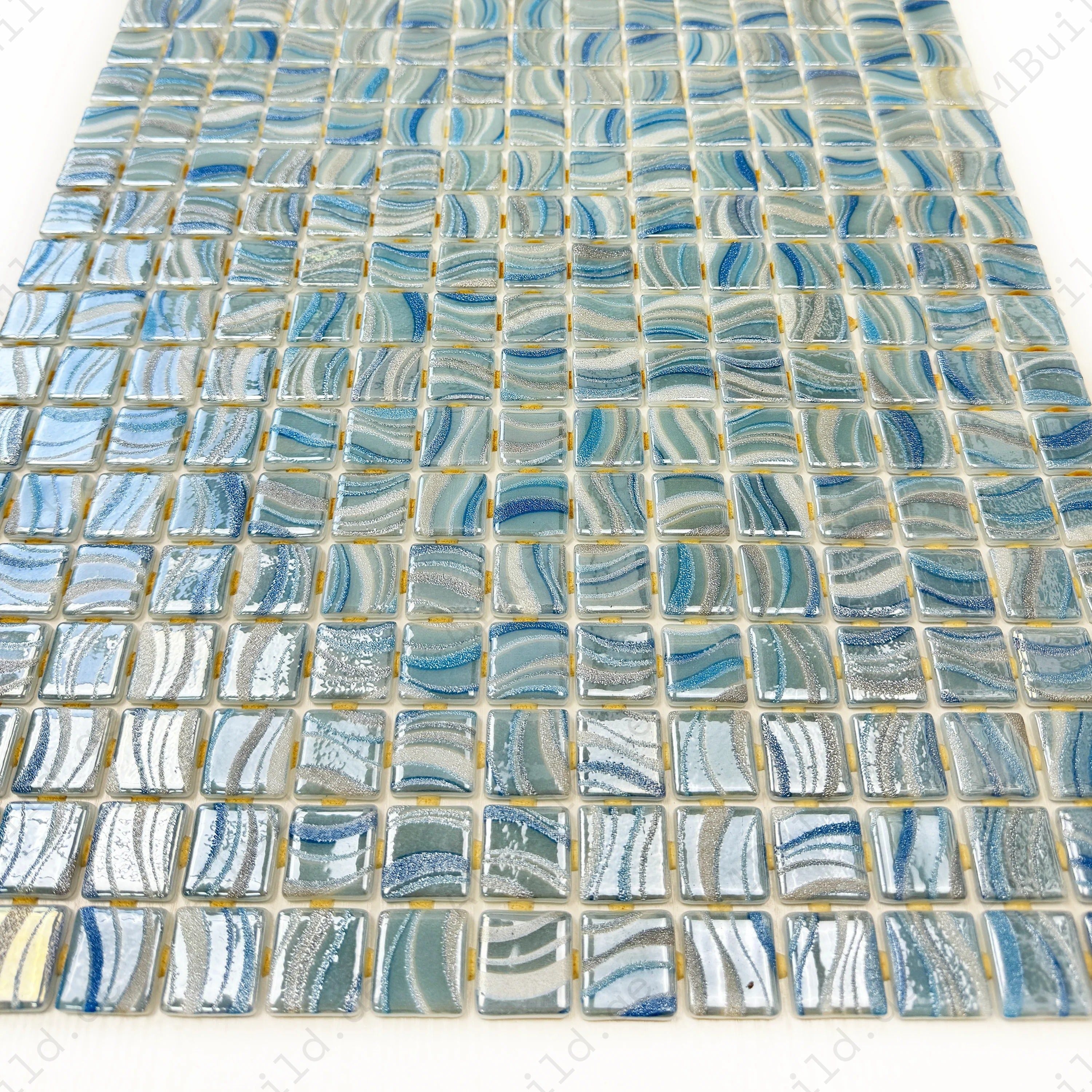 Elegant white, royal blue & baby blue recycled glass mosaic with glossy streaked texture, UV and slip-resistant, ideal for pools, spas & water features.