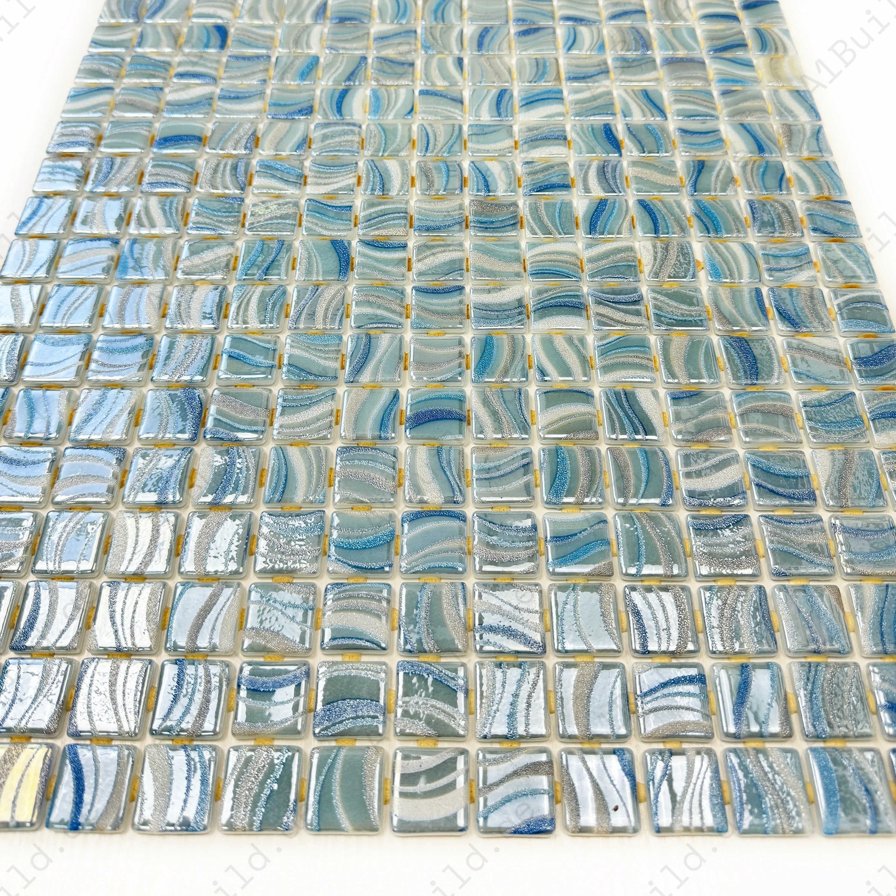 Elegant white, royal blue & baby blue recycled glass mosaic with glossy streaked texture, UV and slip-resistant, ideal for pools, spas & water features.