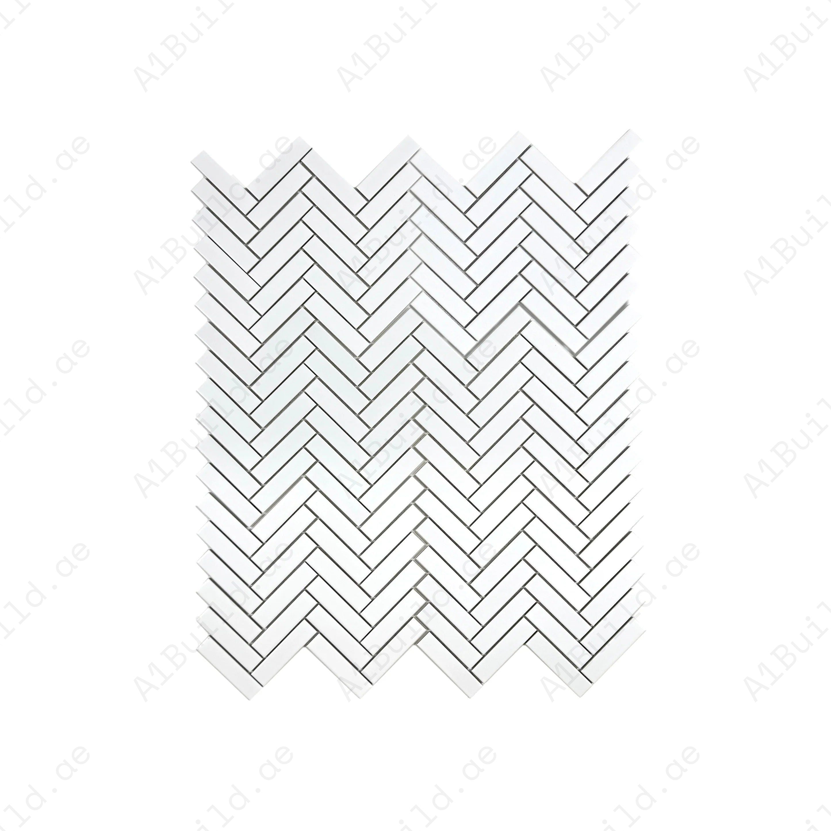 Elevate interiors with Carrara Lumina Pure White Herringbone Porcelain Mosaic. Durable, stylish, and versatile, perfect for walls, backsplashes, and floors.