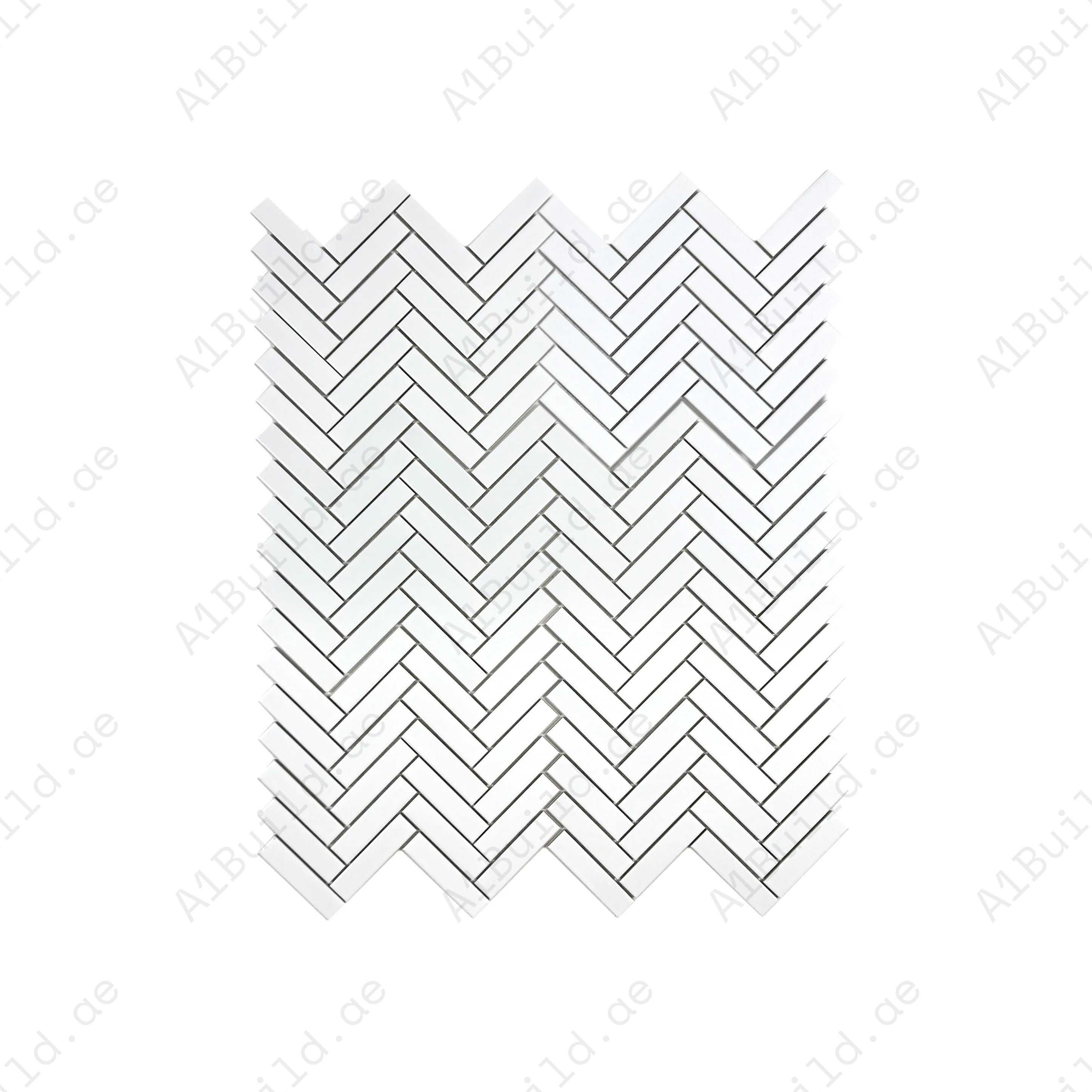 Elevate interiors with Carrara Lumina Pure White Herringbone Porcelain Mosaic. Durable, stylish, and versatile, perfect for walls, backsplashes, and floors.