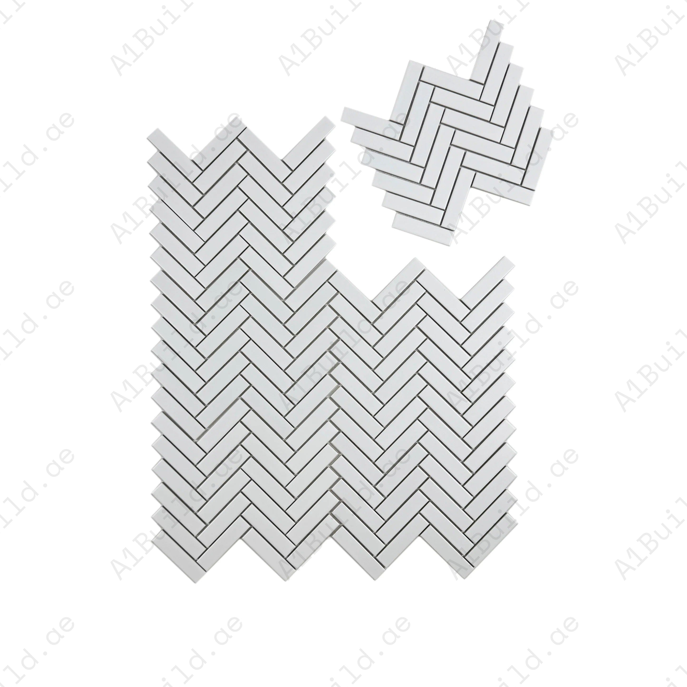 Elevate interiors with Carrara Lumina Pure White Herringbone Porcelain Mosaic. Durable, stylish, and versatile, perfect for walls, backsplashes, and floors.