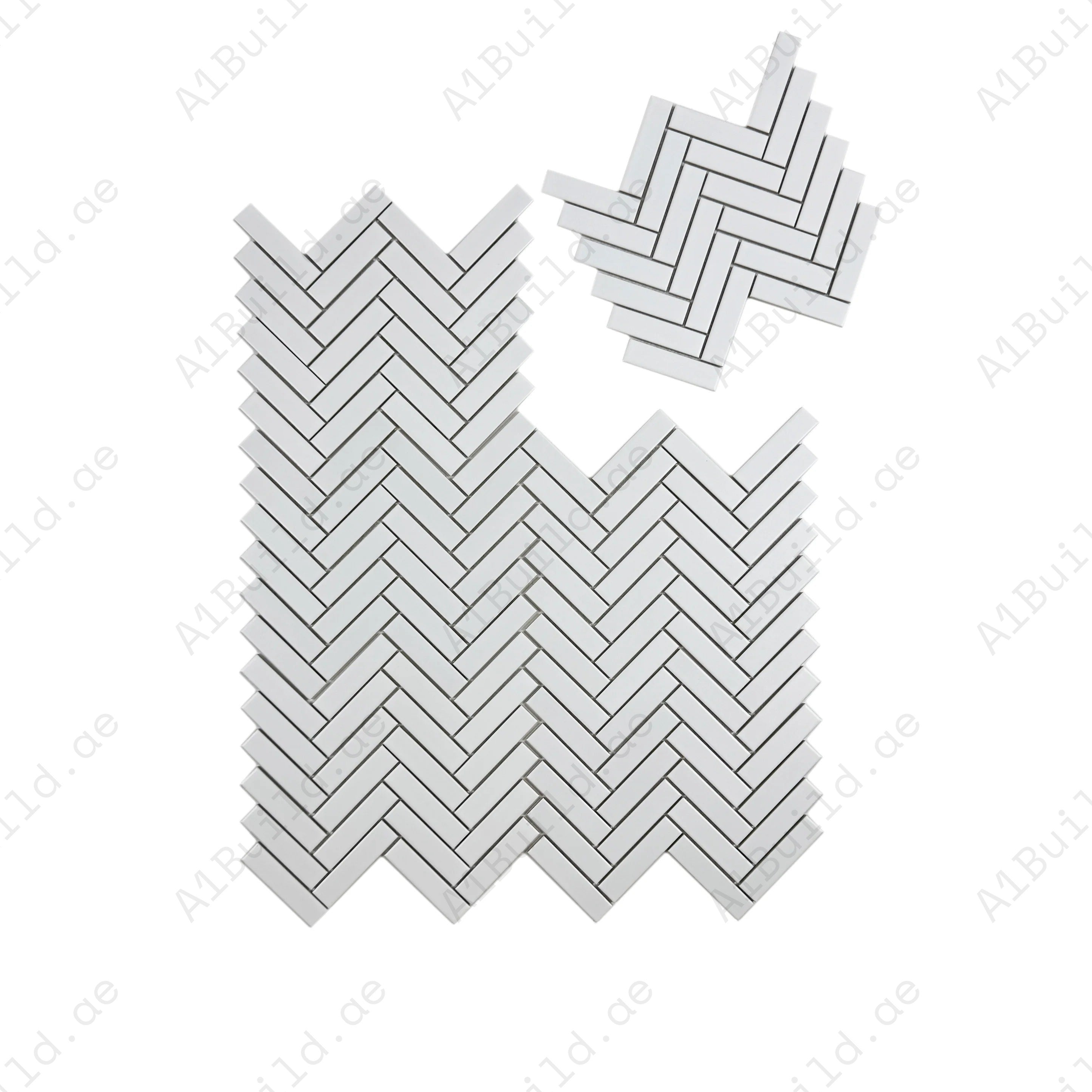 Elevate interiors with Carrara Lumina Pure White Herringbone Porcelain Mosaic. Durable, stylish, and versatile, perfect for walls, backsplashes, and floors.