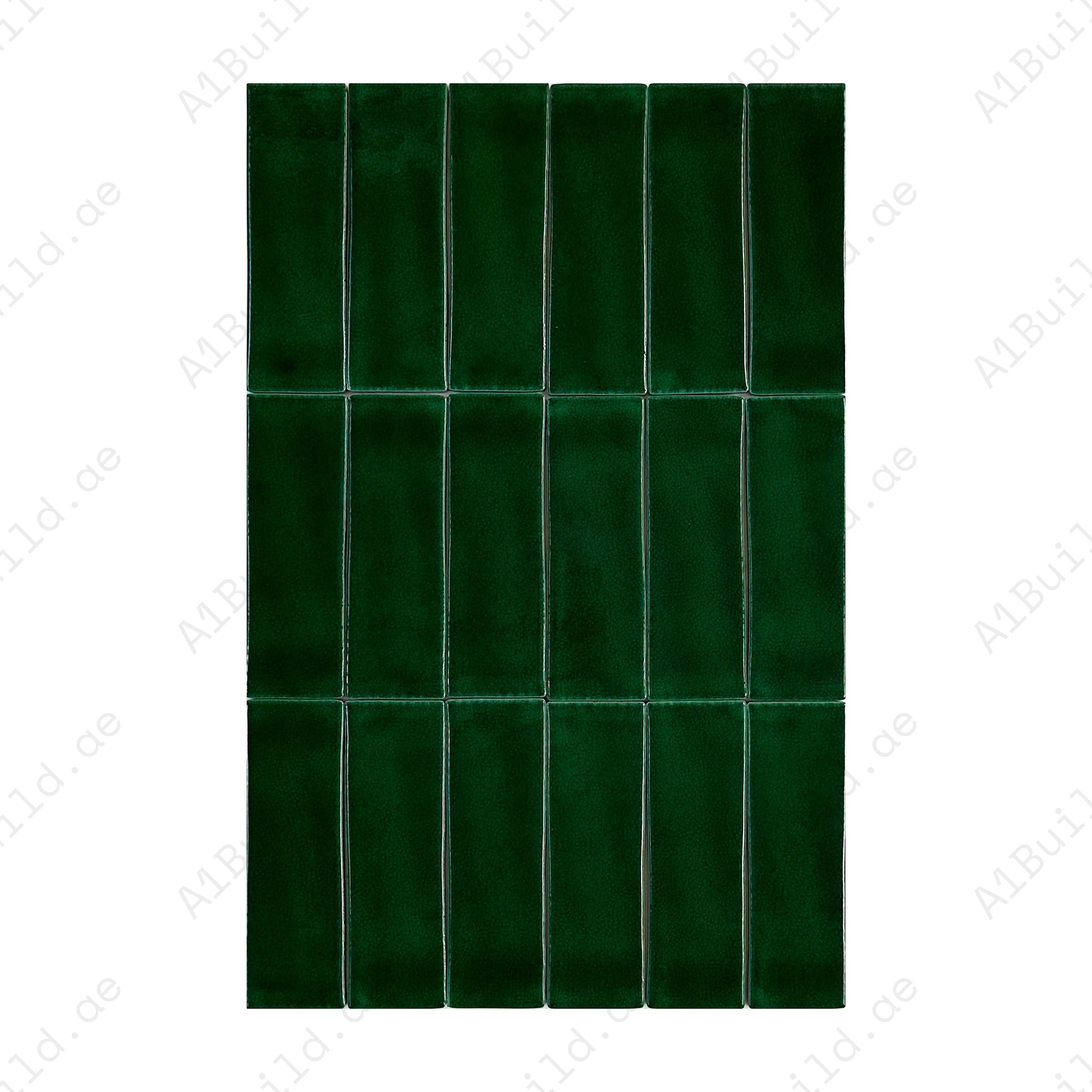 Elevate interiors with Dark Green Glossy Crackle Porcelain Tiles. Durable, water-resistant, and elegant, perfect for kitchens, bathrooms, and feature walls.