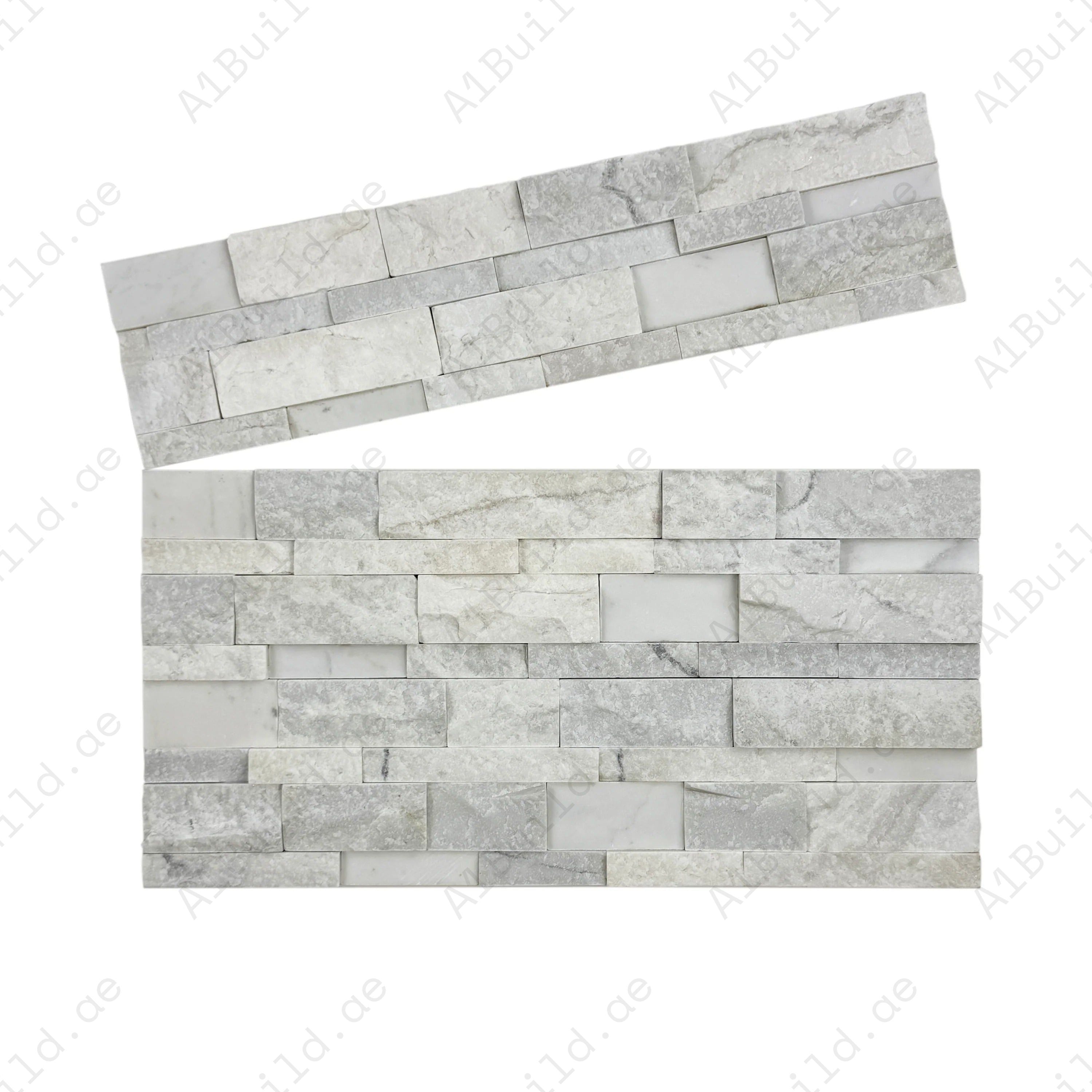 Elevate interiors with Luxe Aura Milky White marble cladding. Mixed-size split & polish finish, durable slate stone for walls, fireplaces & outdoor façades.