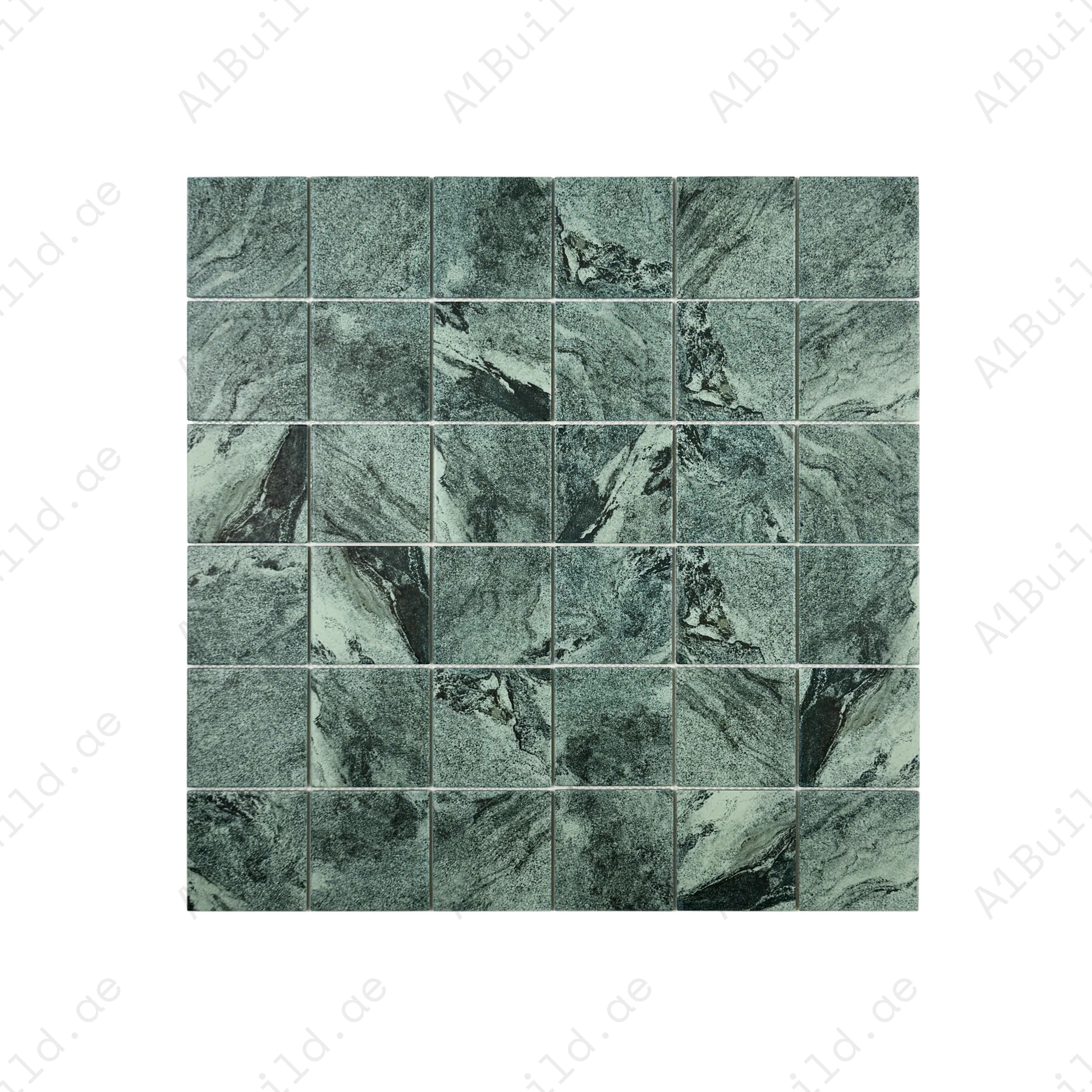 Elevate interiors with Majestic Naturale Bali Green stone porcelain mosaic, 97x97mm flat surface, durable & stylish for walls, bathrooms, kitchens, and accents.