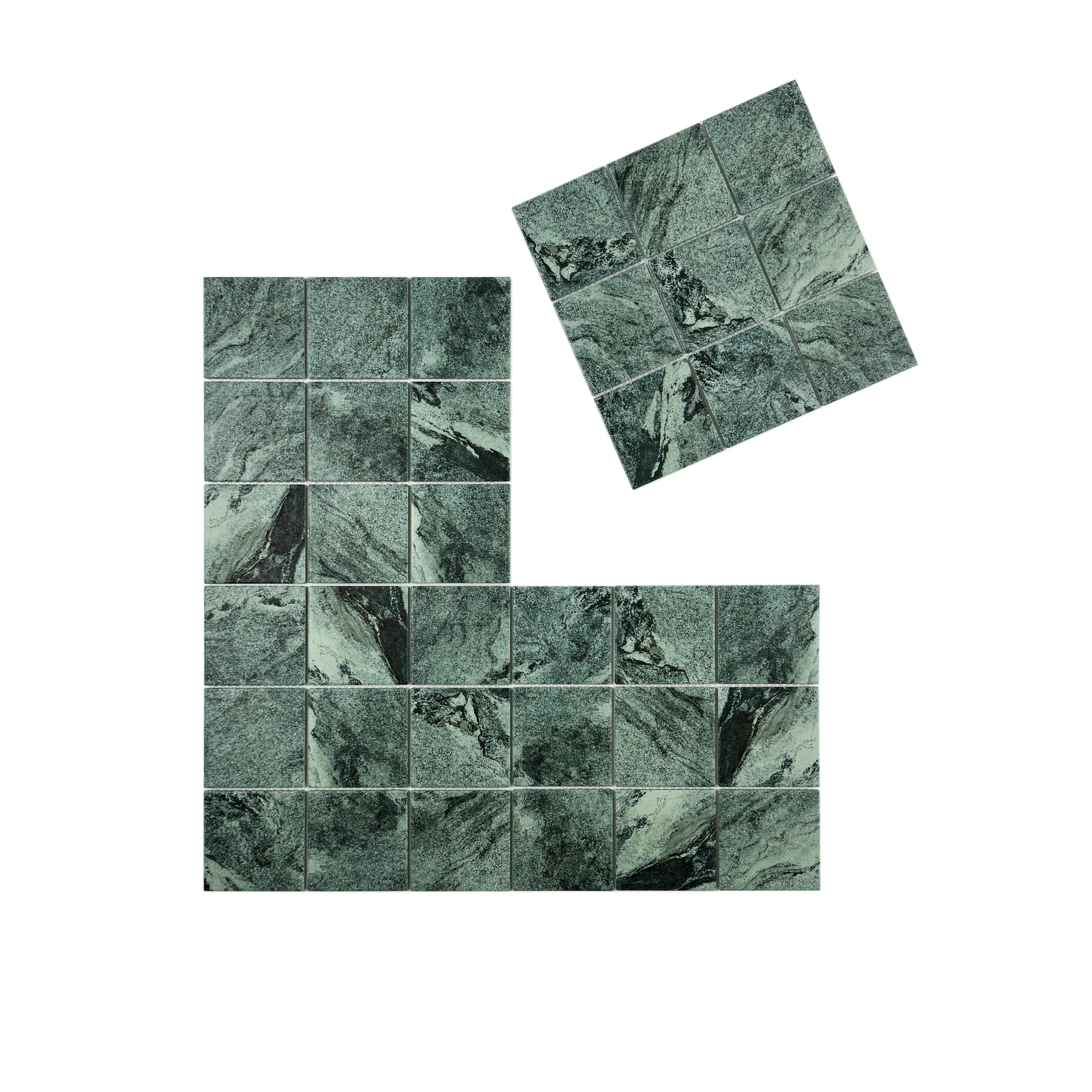 Elevate interiors with Majestic Naturale Bali Green stone porcelain mosaic, 97x97mm flat surface, durable & stylish for walls, bathrooms, kitchens, and accents.