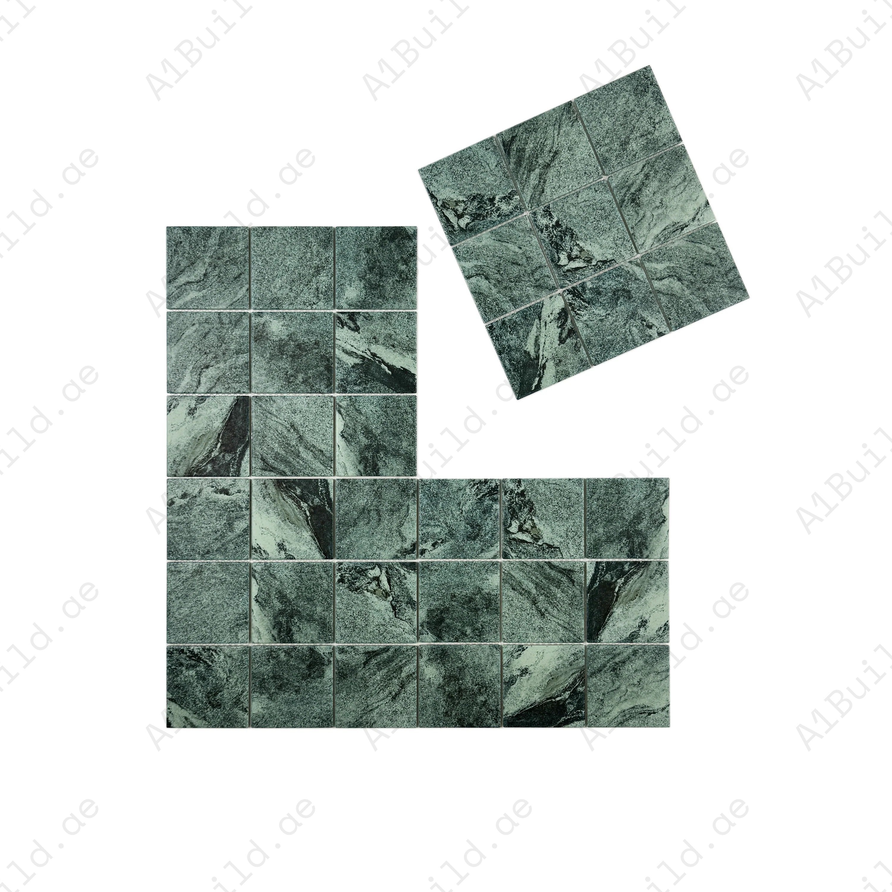Elevate interiors with Majestic Naturale Bali Green stone porcelain mosaic, 97x97mm flat surface, durable & stylish for walls, bathrooms, kitchens, and accents.