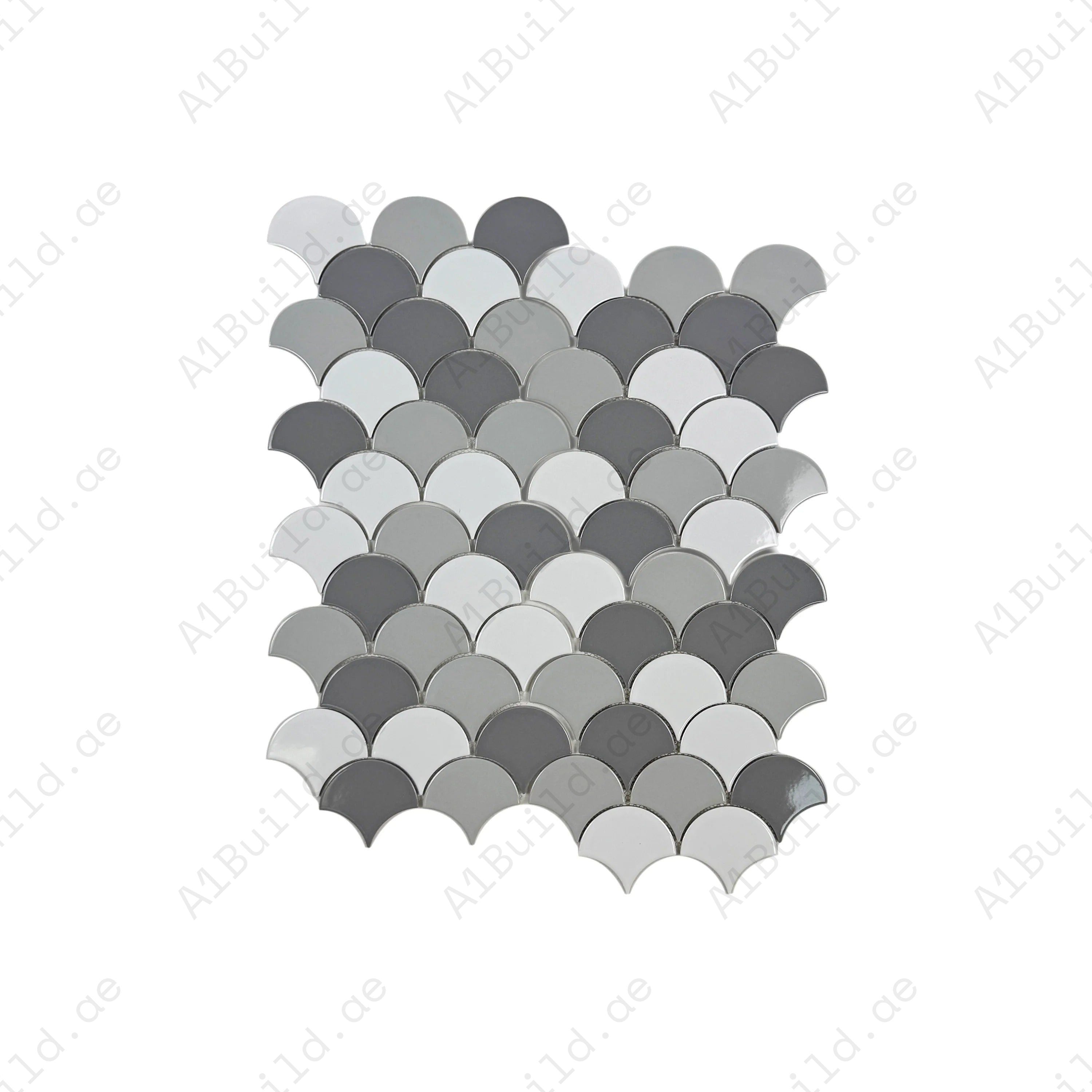 Elevate interiors with Verona Grace Series fan shape porcelain mosaic in white & grey mix. Durable, stylish, and perfect for walls, floors, and accents.