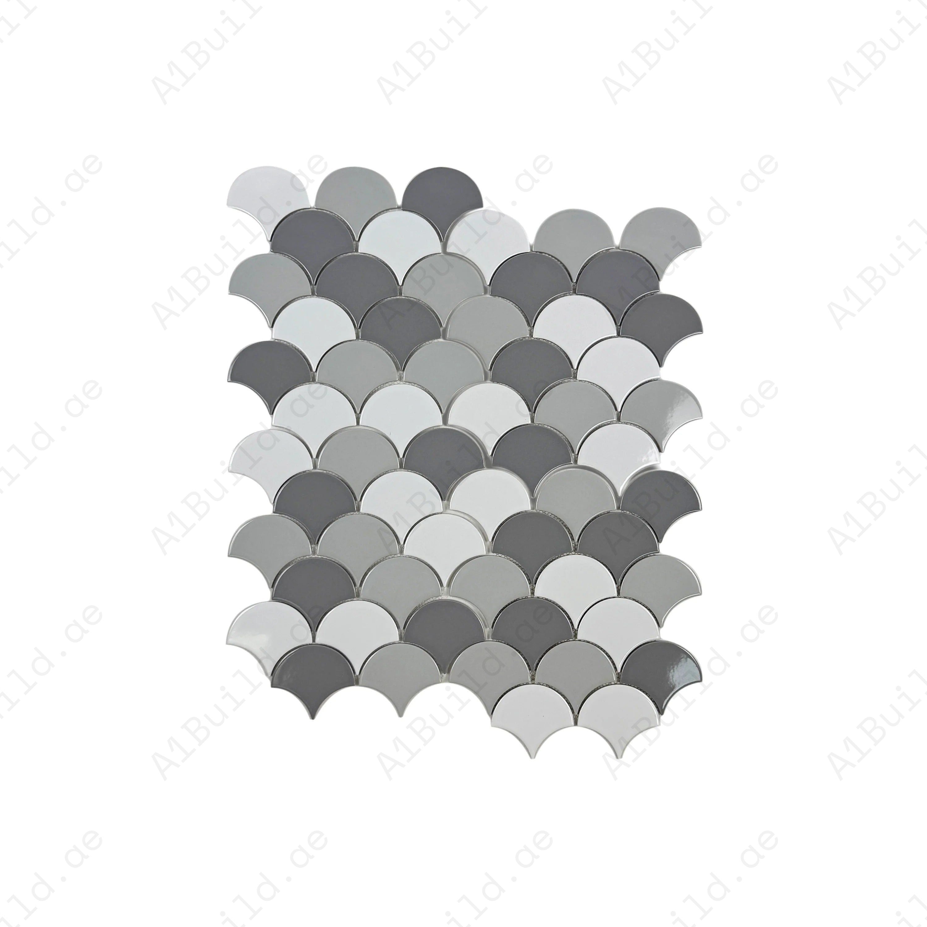 Elevate interiors with Verona Grace Series fan shape porcelain mosaic in white & grey mix. Durable, stylish, and perfect for walls, floors, and accents.