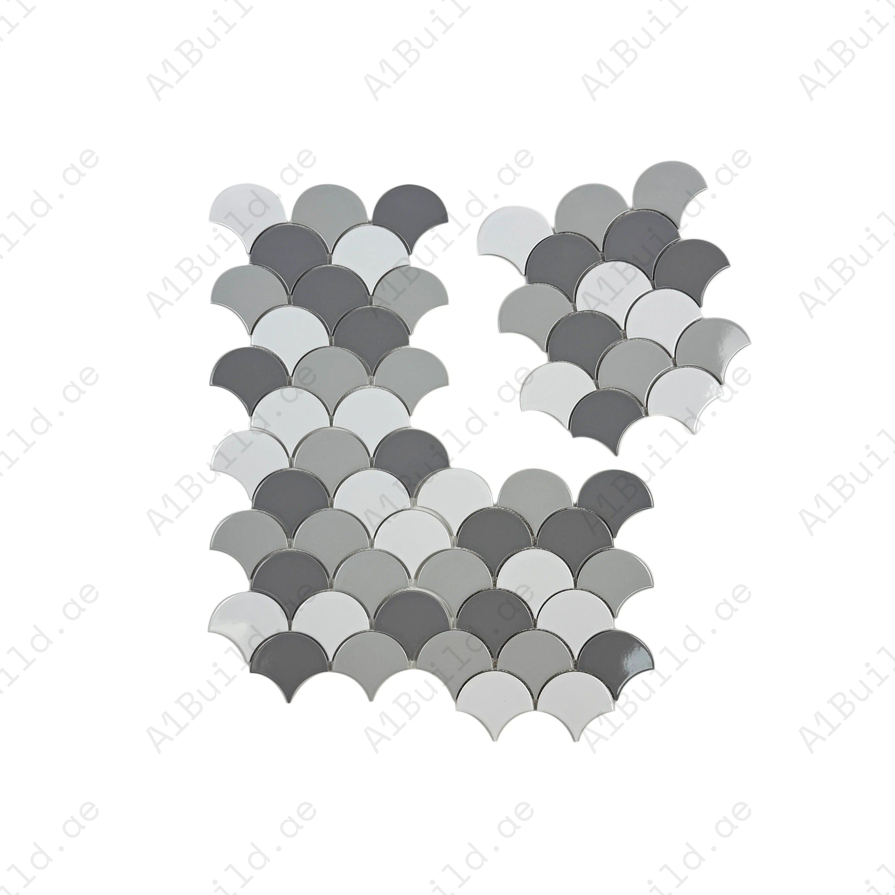 Elevate interiors with Verona Grace Series fan shape porcelain mosaic in white & grey mix. Durable, stylish, and perfect for walls, floors, and accents.