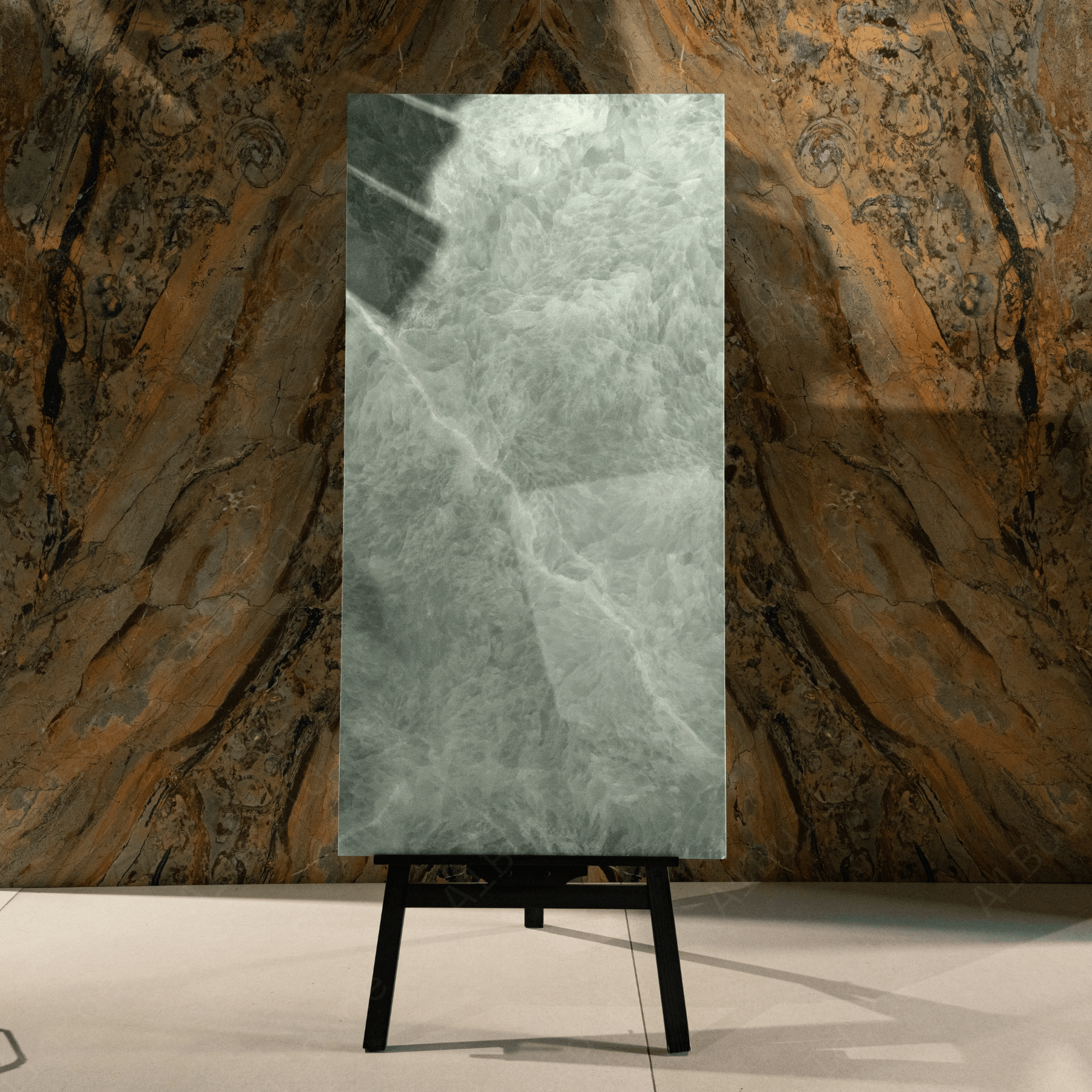 Emerald Fur porcelain tile 60x120cm 9mm thickness, green marble look design, durable porcelain, ideal for modern floors and walls.