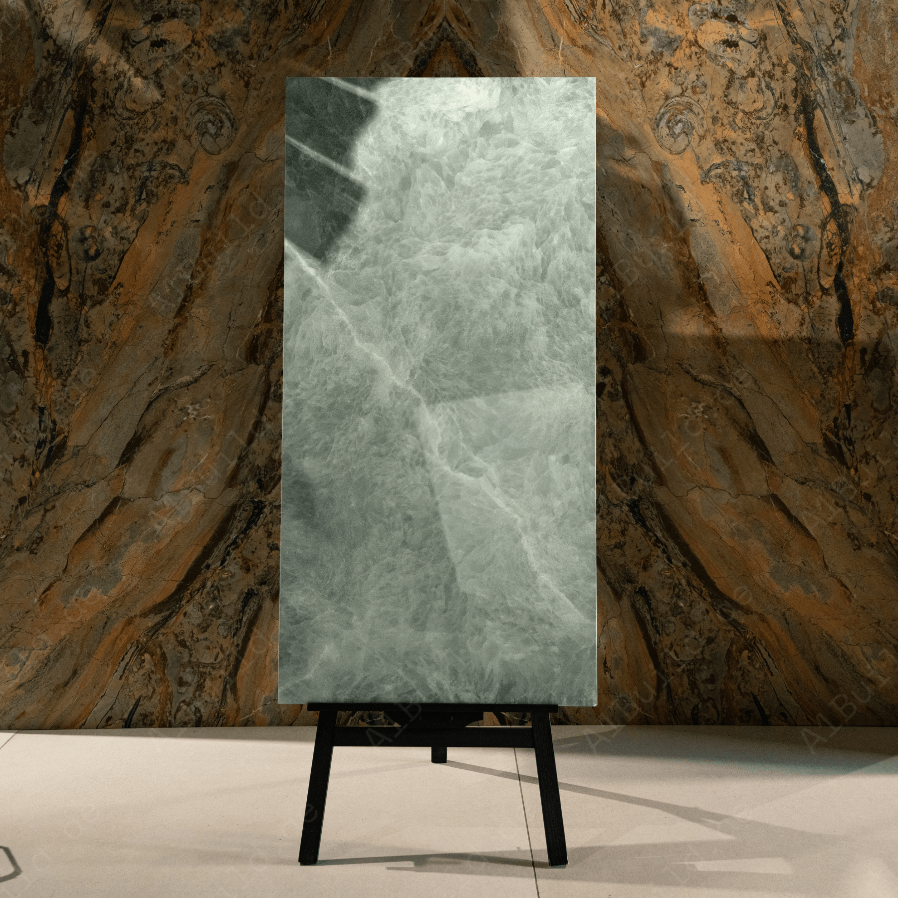 Emerald Fur porcelain tile 60x120cm 9mm thickness, green marble look design, durable porcelain, ideal for modern floors and walls.