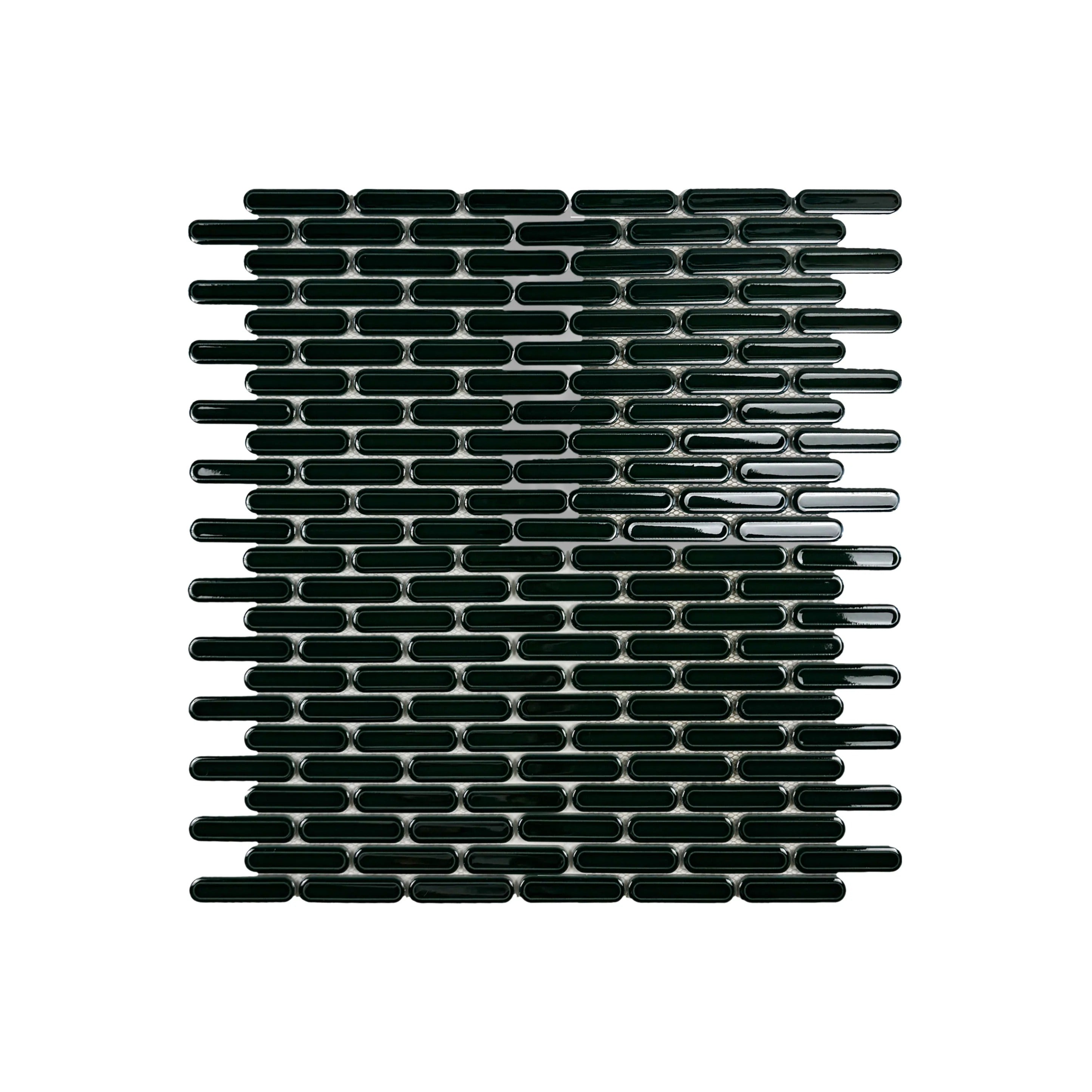 Emerald green elongated oval glossy porcelain mosaic, ideal for walls, backsplashes, and modern interiors with vibrant, sleek, and elegant appeal.