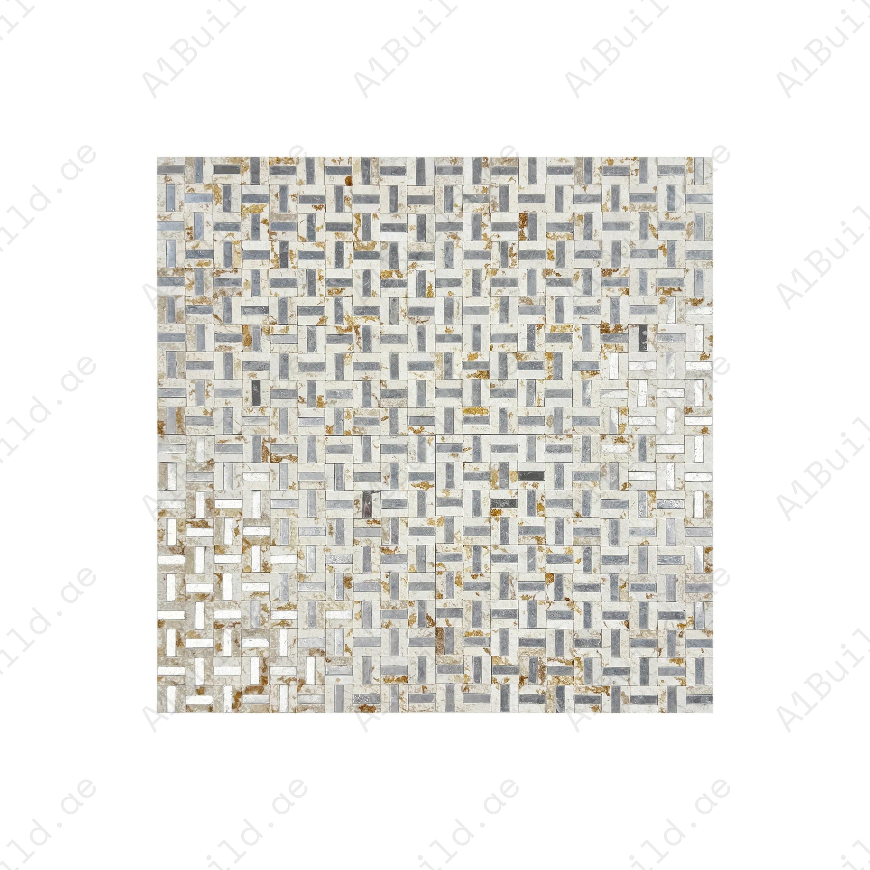 Enhance interiors with Beverly Luxe Sunny Beige Marble Mosaic MMF542209Y, featuring silver stainless steel accents, lasting durability, and timeless elegance.