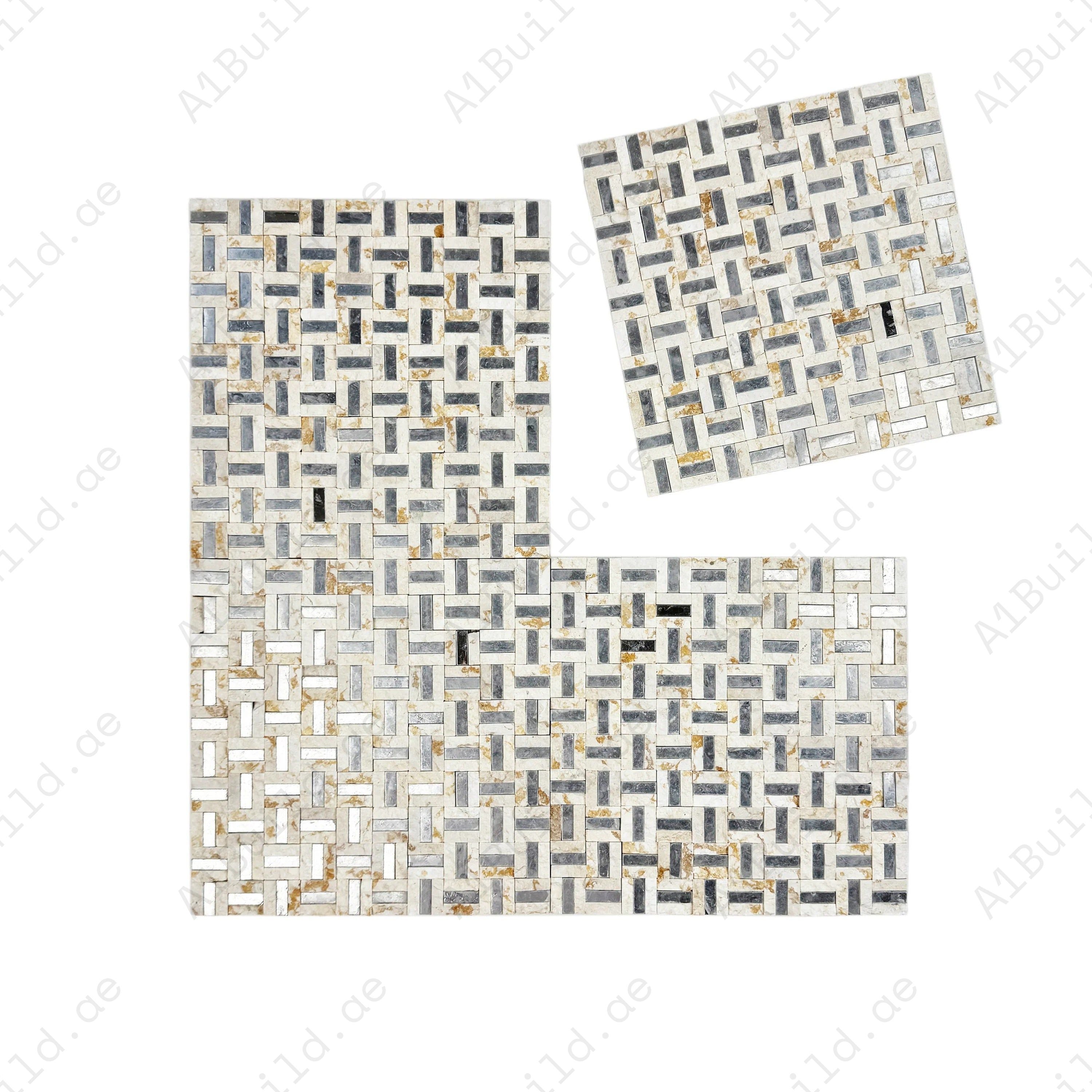 Enhance interiors with Beverly Luxe Sunny Beige Marble Mosaic MMF542209Y, featuring silver stainless steel accents, lasting durability, and timeless elegance.