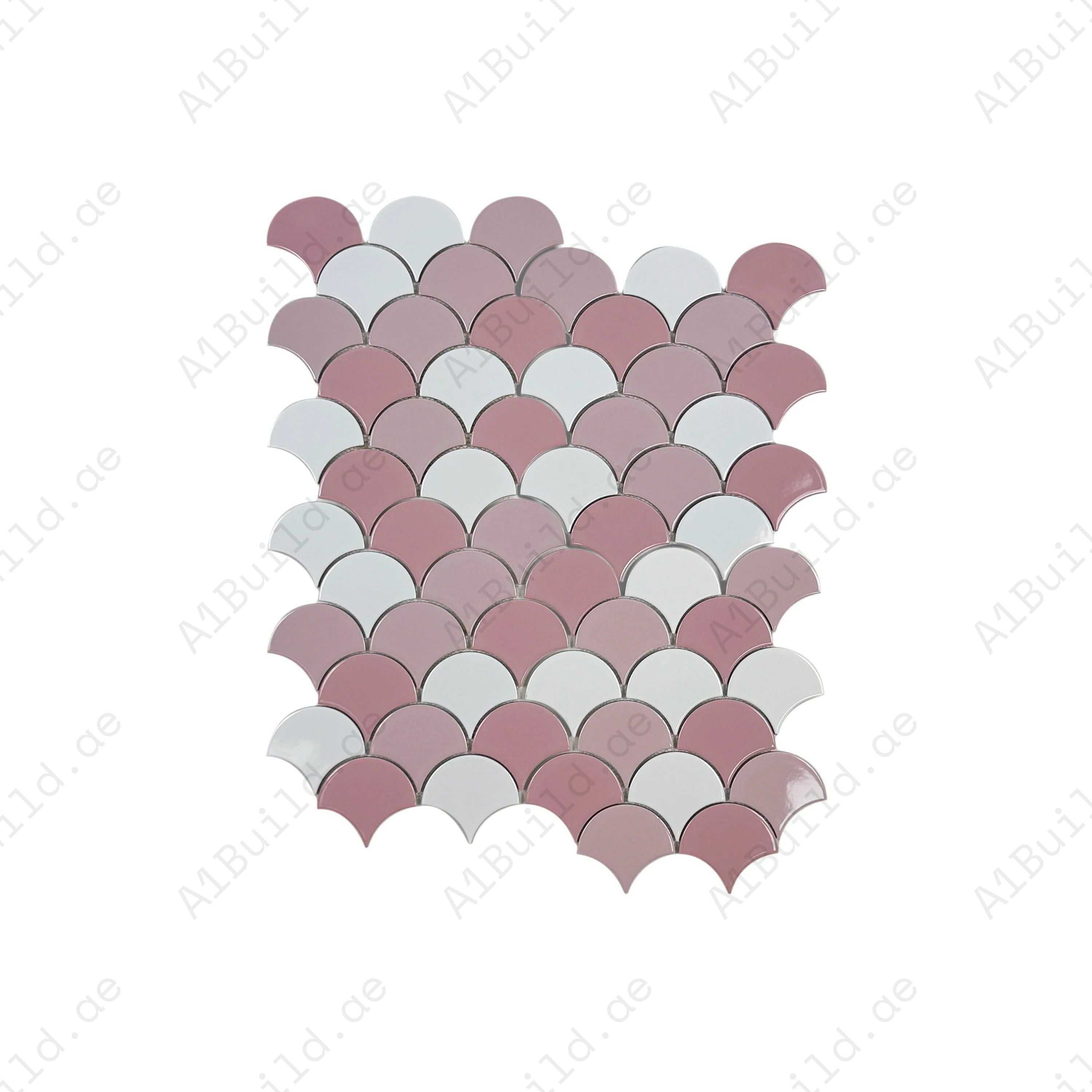 Enhance interiors with Verona Grace Series fan shape porcelain mosaic in white & pink mix. Durable, water-resistant, and perfect for walls and floors.