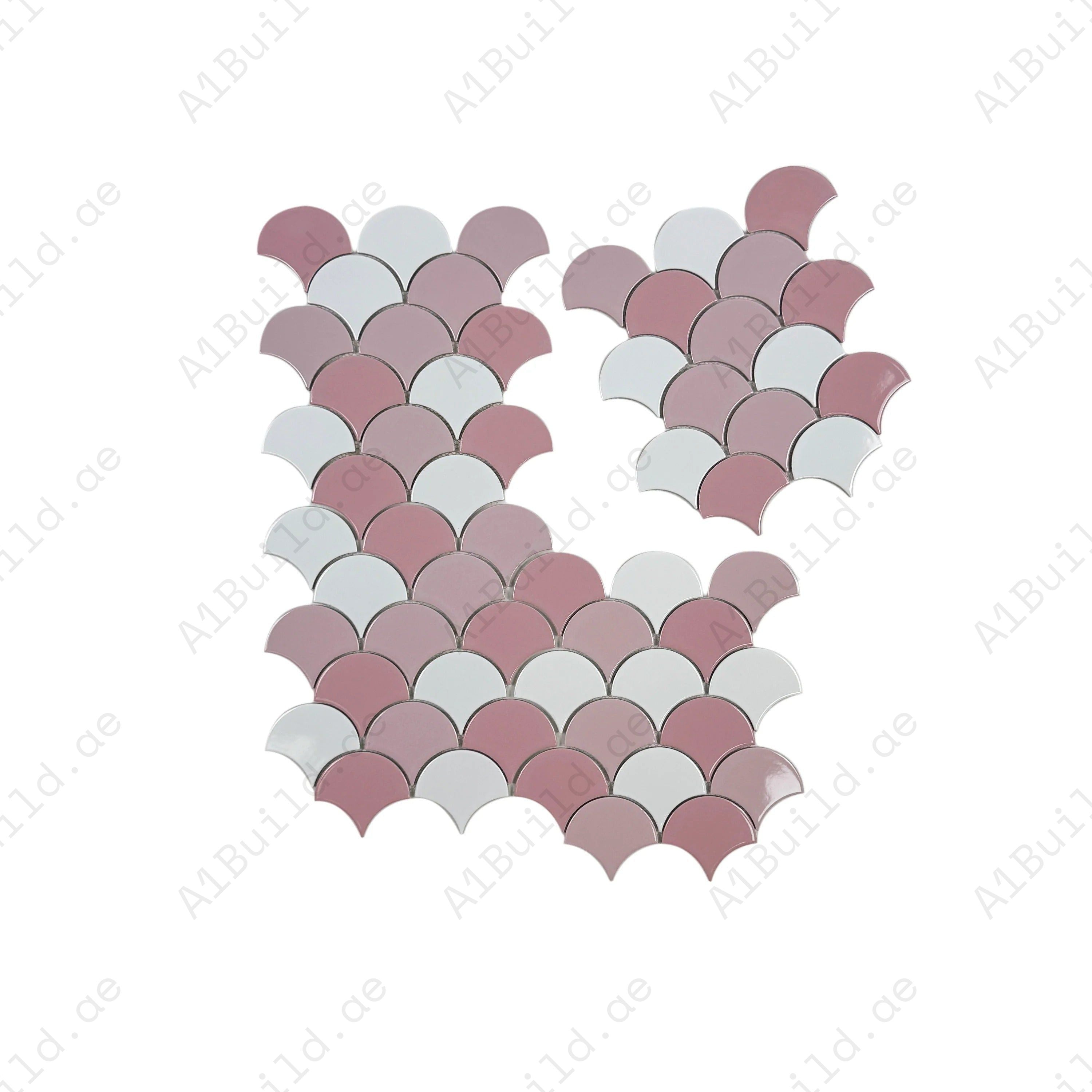 Enhance interiors with Verona Grace Series fan shape porcelain mosaic in white & pink mix. Durable, water-resistant, and perfect for walls and floors.