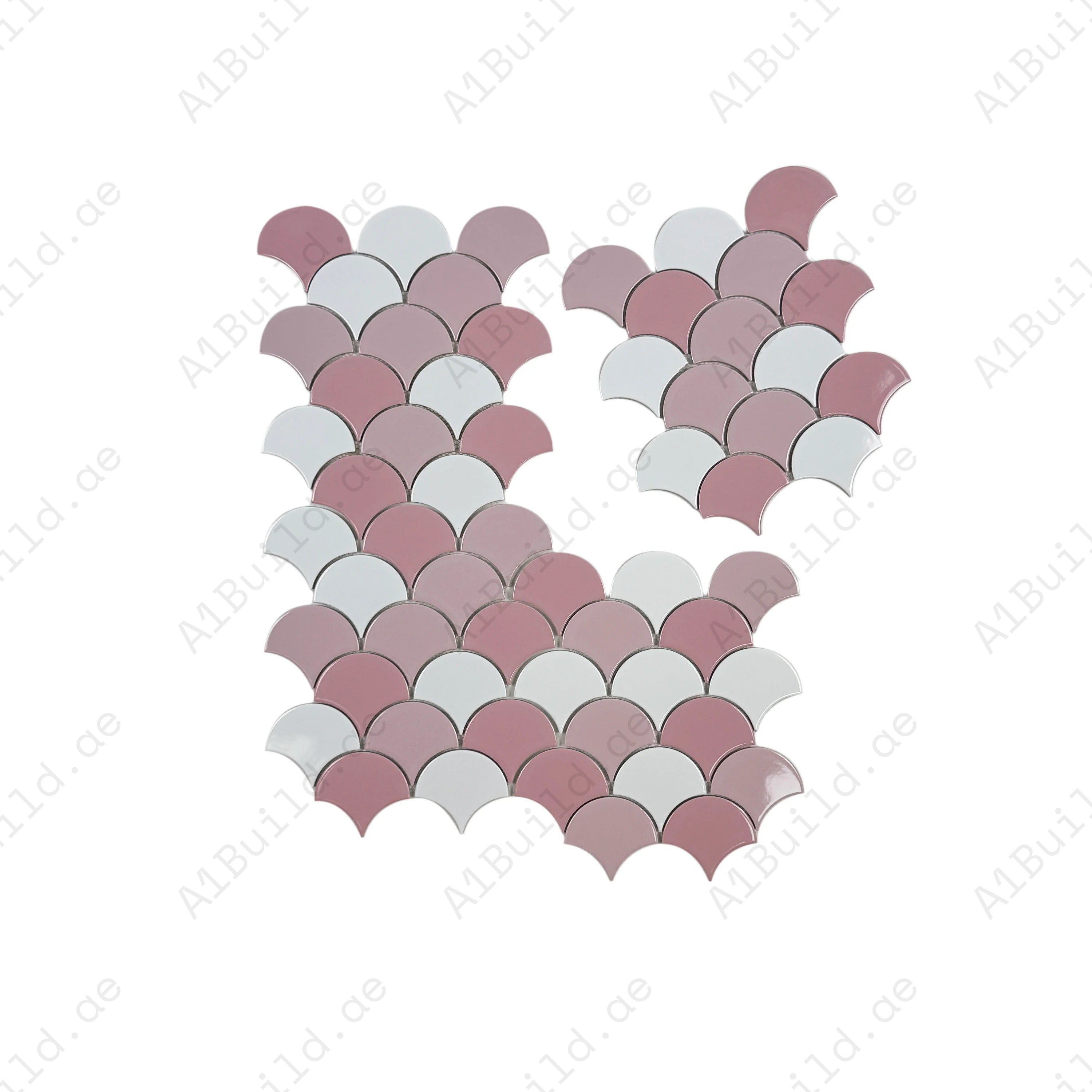 Enhance interiors with Verona Grace Series fan shape porcelain mosaic in white & pink mix. Durable, water-resistant, and perfect for walls and floors.