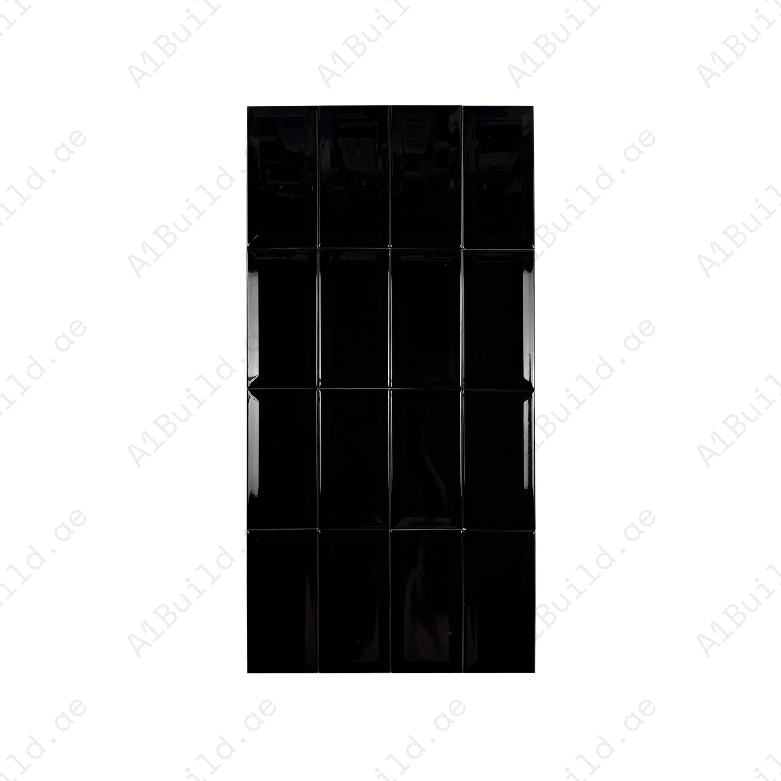 Enhance interiors with the Urban Luxe Black Glossy Beveled Edge Ceramic Tile. Perfect for modern walls, kitchens, and bathrooms, offering elegance and durability.