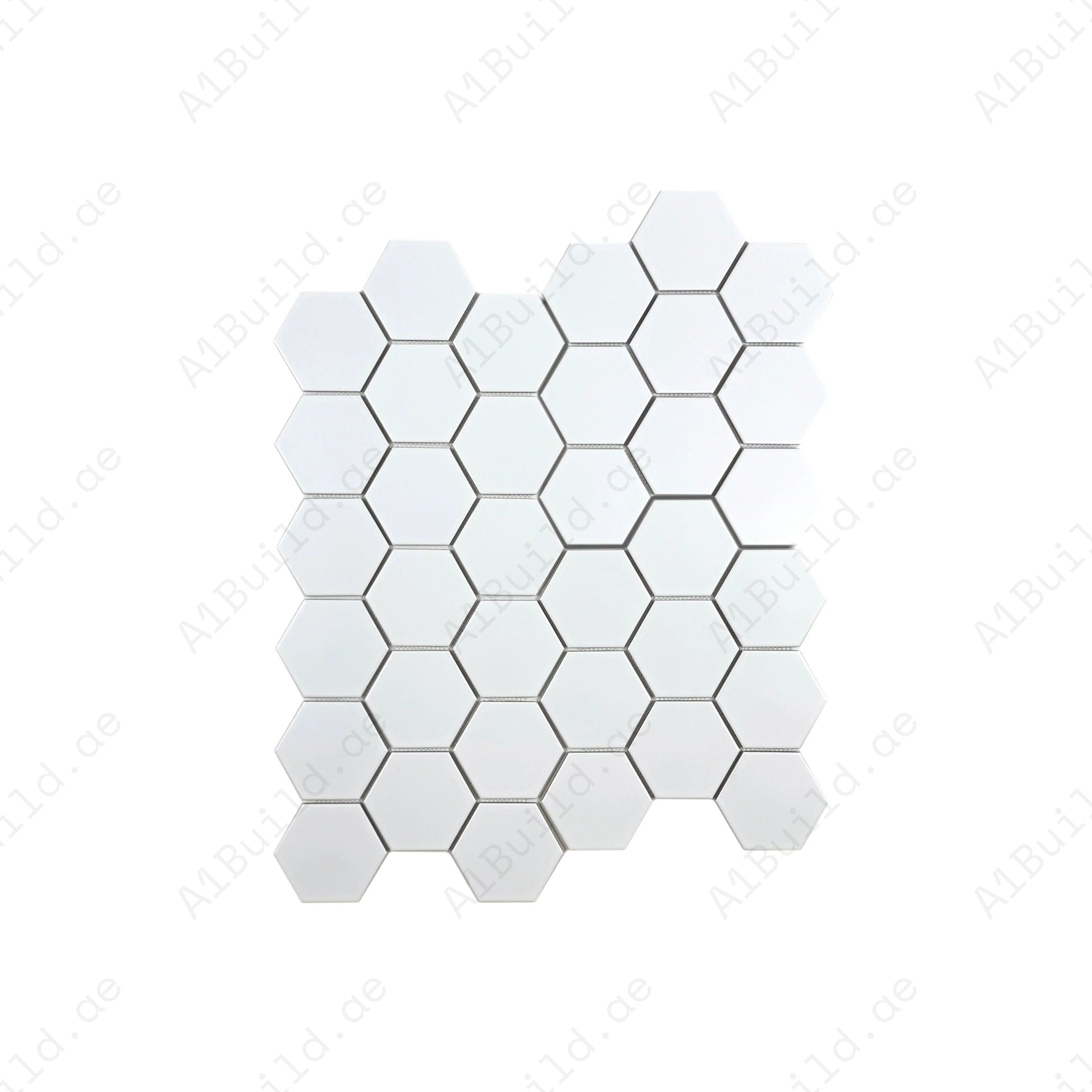 Enhance spaces with Carrara Lumina Pure White Hexagon Porcelain Mosaic. Durable, stylish, and versatile, perfect for walls, backsplashes, and flooring.