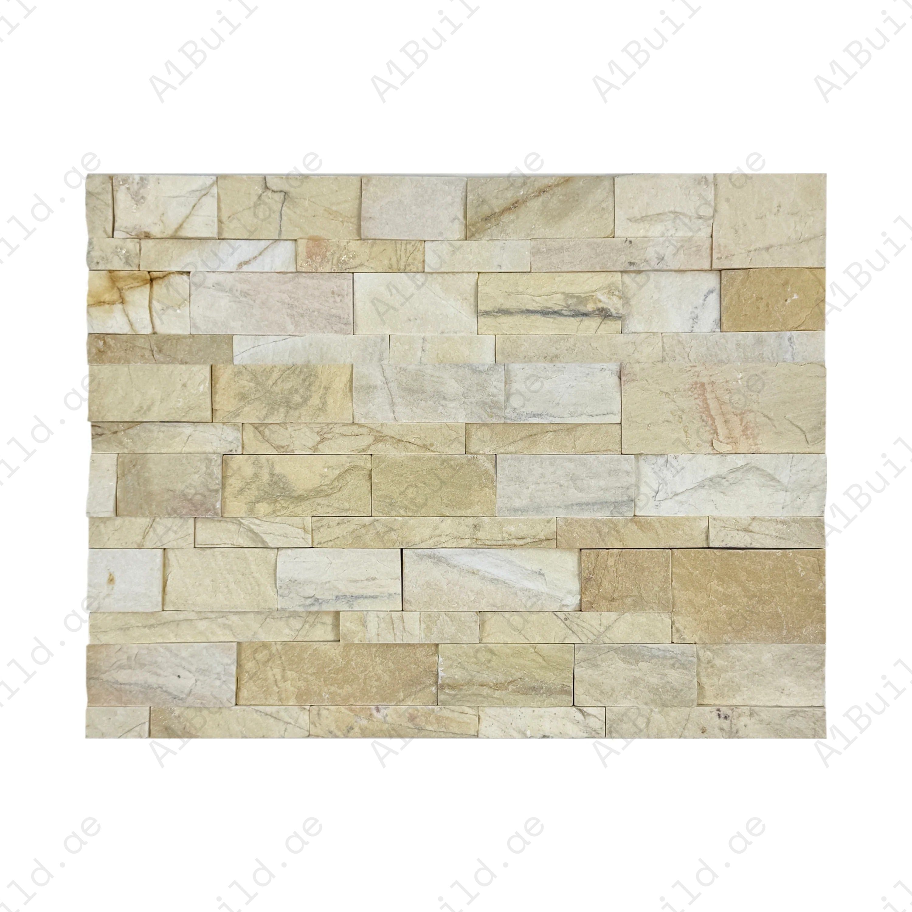 Enhance spaces with Luxe Aura Light Goldenrod marble cladding. Mixed-size split slate finish, durable & stylish for feature walls, fireplaces & outdoor facades.