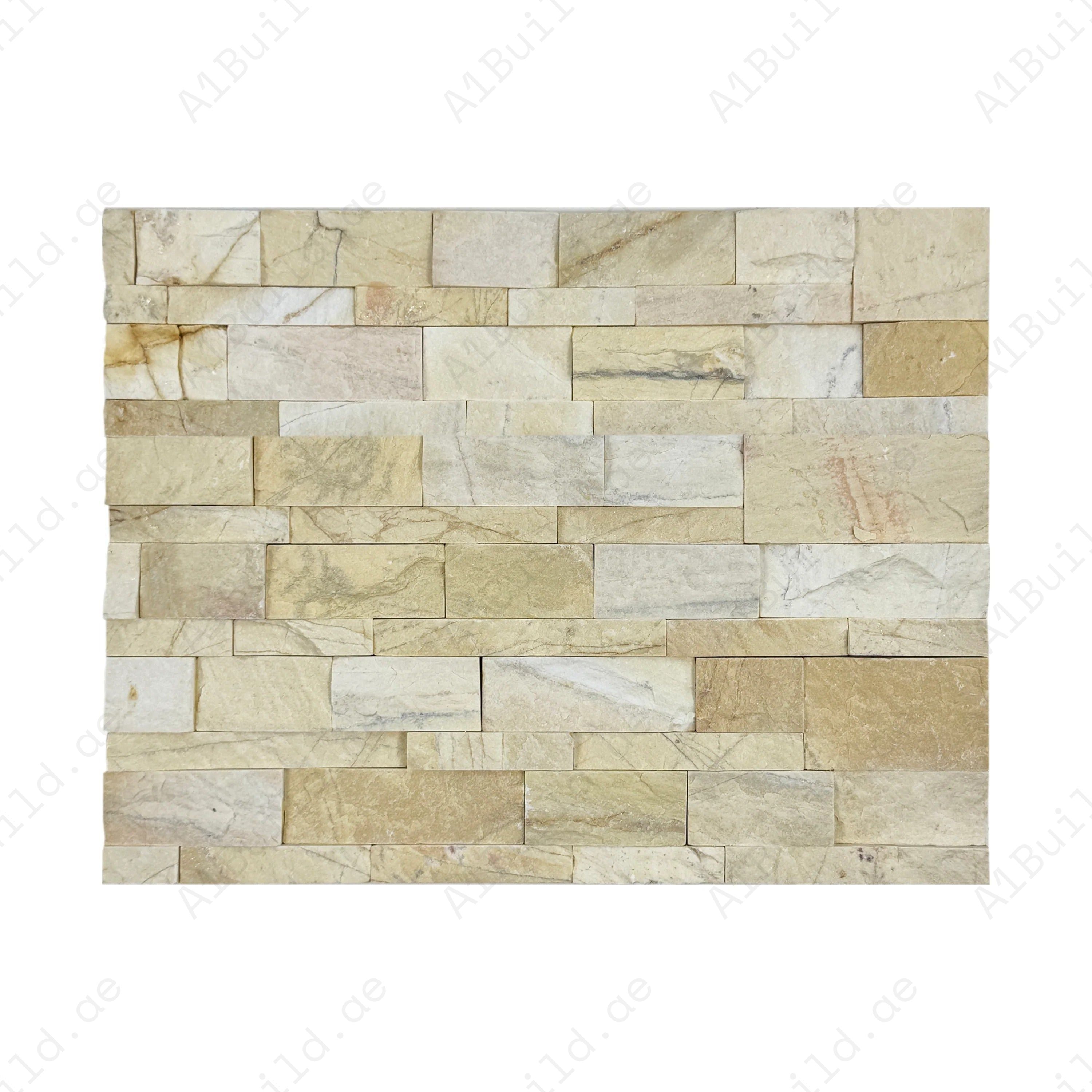 Enhance spaces with Luxe Aura Light Goldenrod marble cladding. Mixed-size split slate finish, durable & stylish for feature walls, fireplaces & outdoor facades.