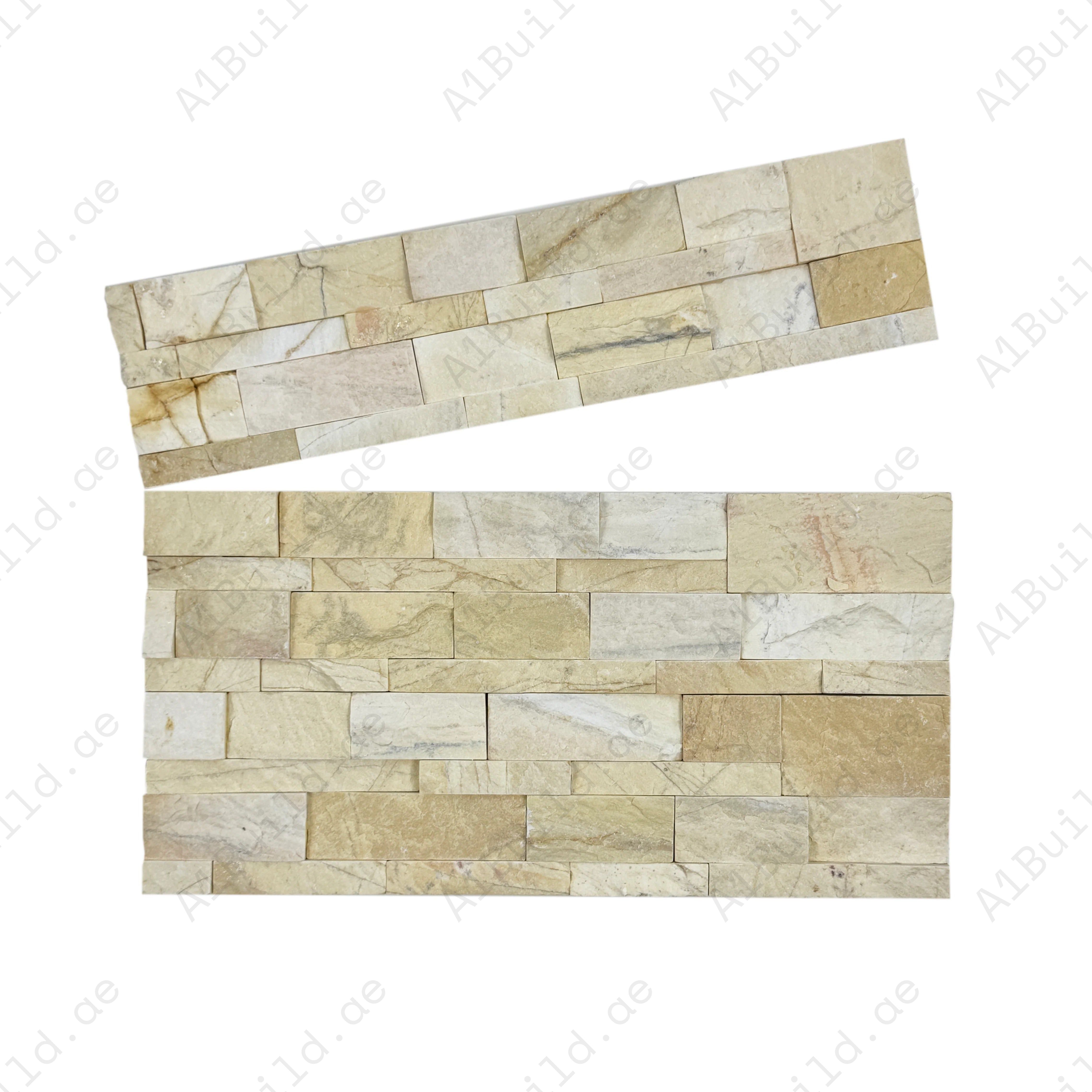 Enhance spaces with Luxe Aura Light Goldenrod marble cladding. Mixed-size split slate finish, durable & stylish for feature walls, fireplaces & outdoor facades.