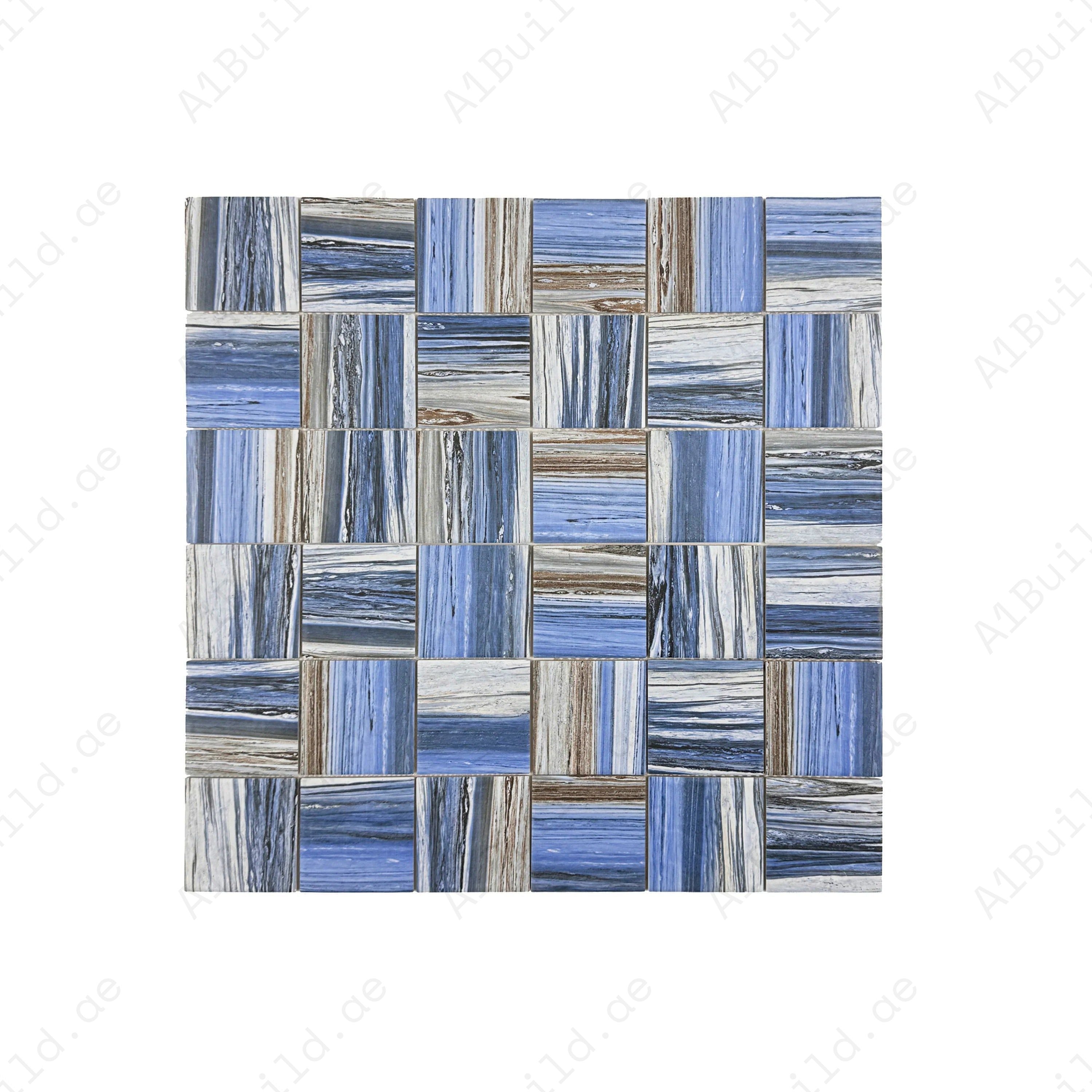 Enhance spaces with Majestic Naturale Dark Blue & Milky White porcelain mosaic, 97x97mm, highly durable & stylish for pools, spas, walls, and aquatic areas.