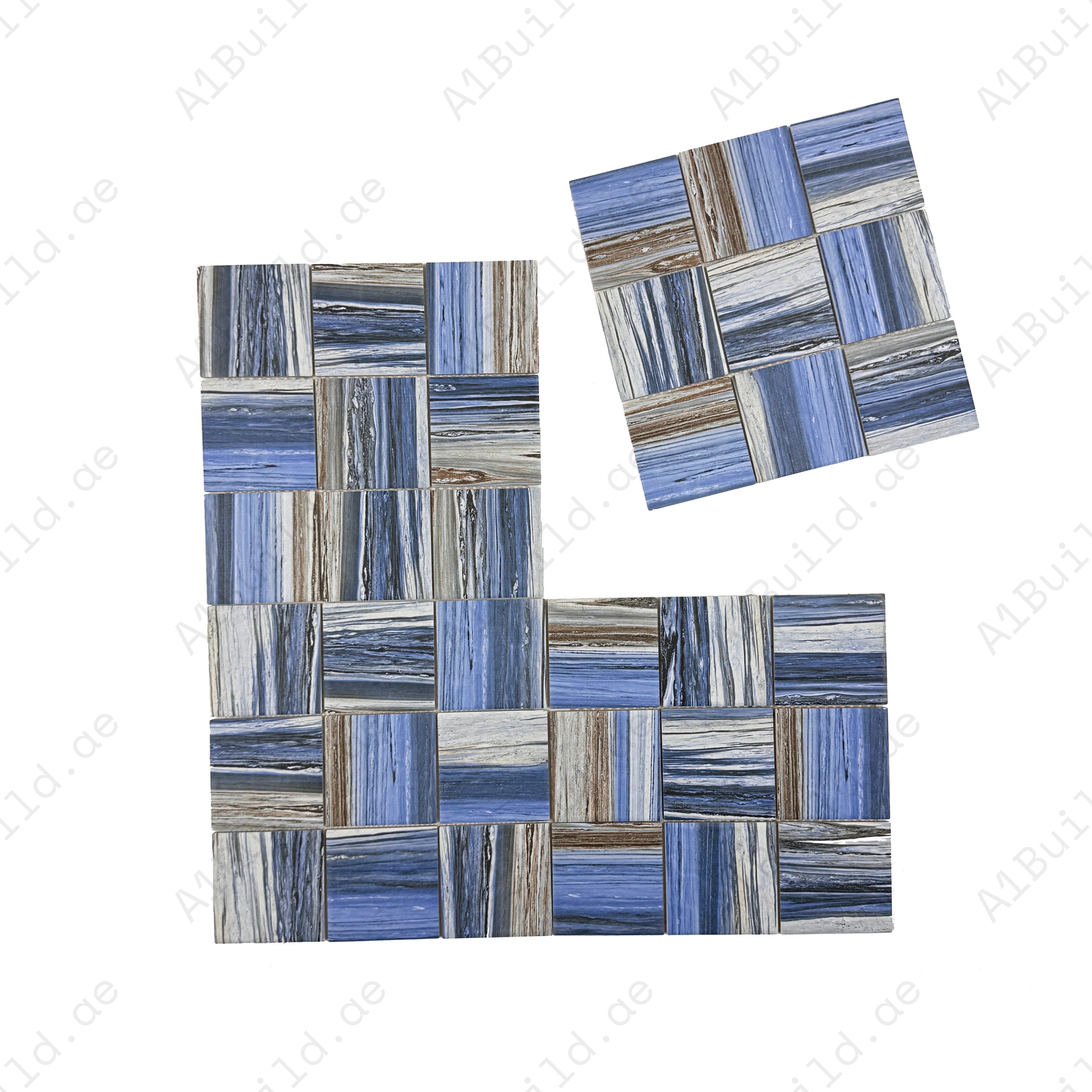 Enhance spaces with Majestic Naturale Dark Blue & Milky White porcelain mosaic, 97x97mm, highly durable & stylish for pools, spas, walls, and aquatic areas.