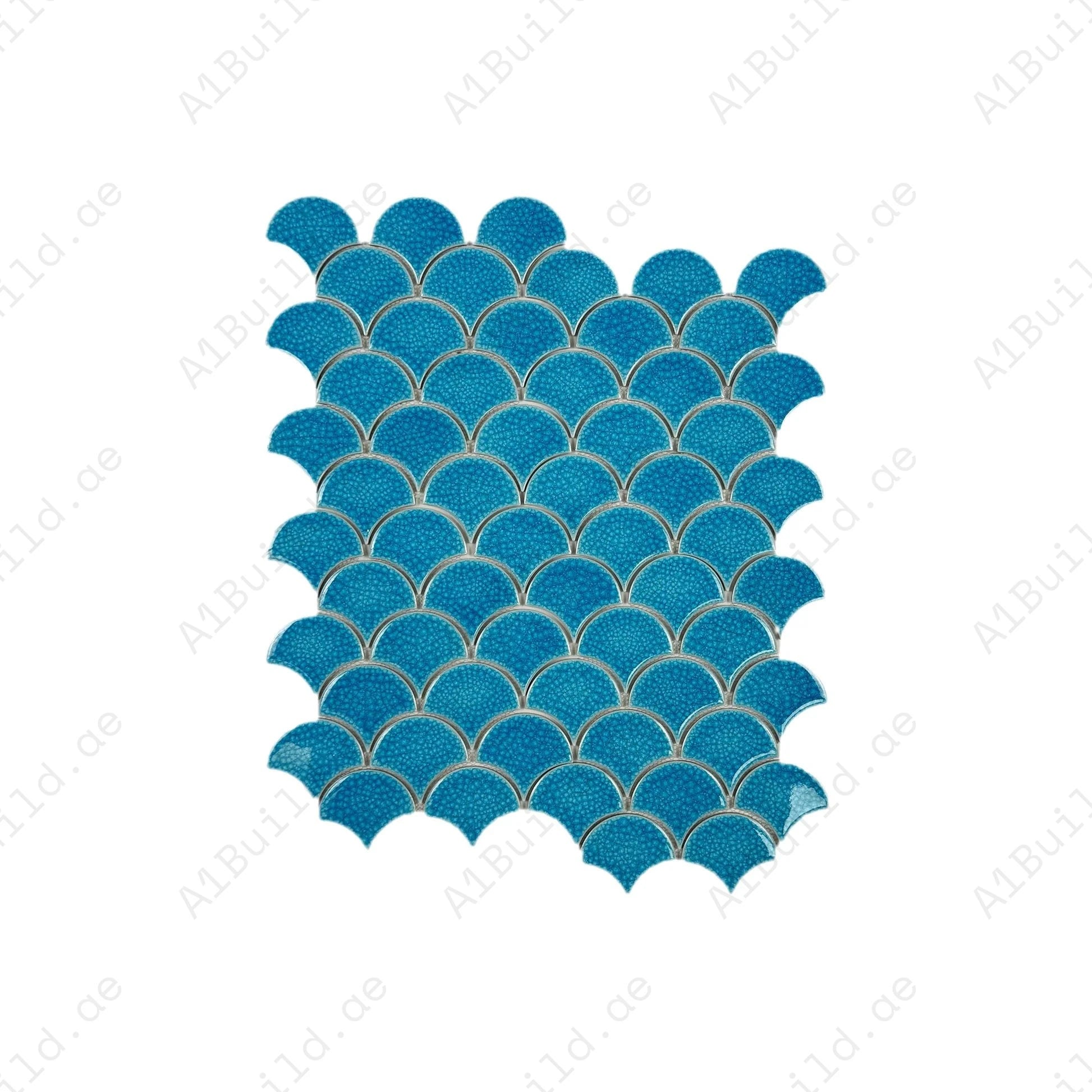 Enhance walls and backsplashes with the Verona Grace Baby Blue Fan Shape Porcelain Mosaic. Stylish, durable, and easy to install for timeless interiors.