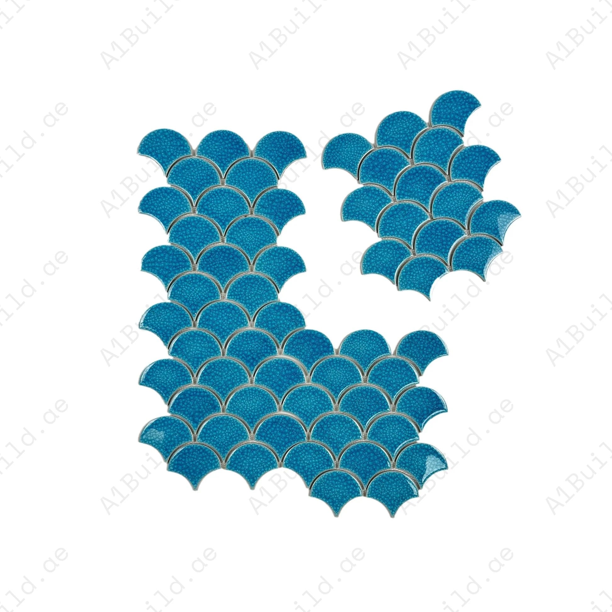 Enhance walls and backsplashes with the Verona Grace Baby Blue Fan Shape Porcelain Mosaic. Stylish, durable, and easy to install for timeless interiors.
