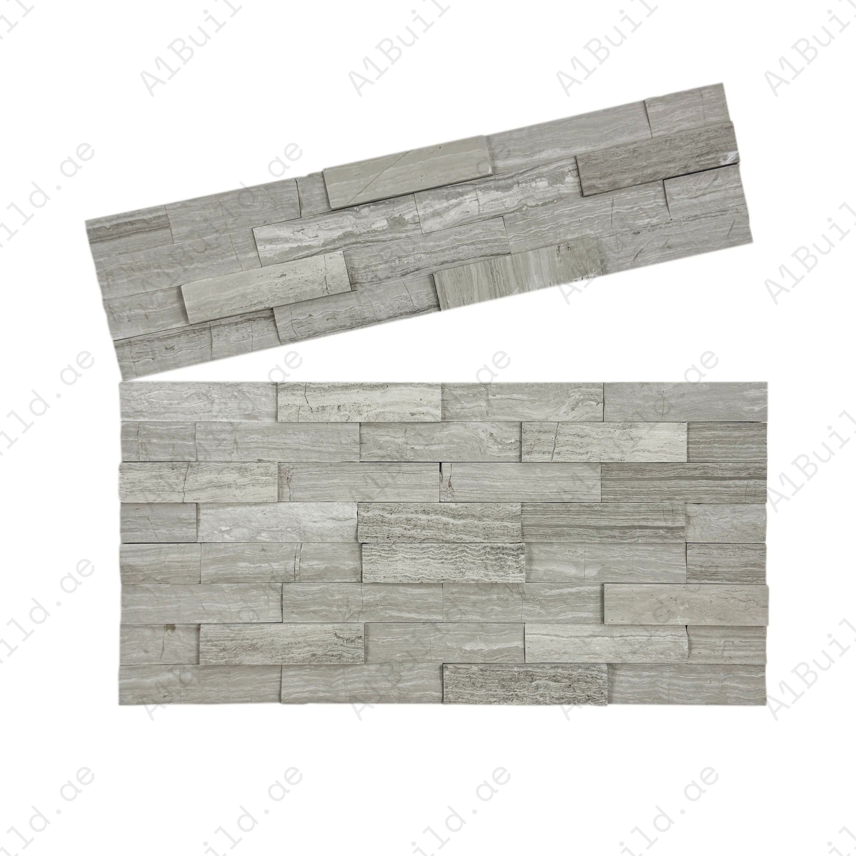 Enhance walls with Luxe Aura White & Light Grey Wood marble wall cladding, polished & split slate stone, perfect for interiors, facades, and lasting architectural décor.