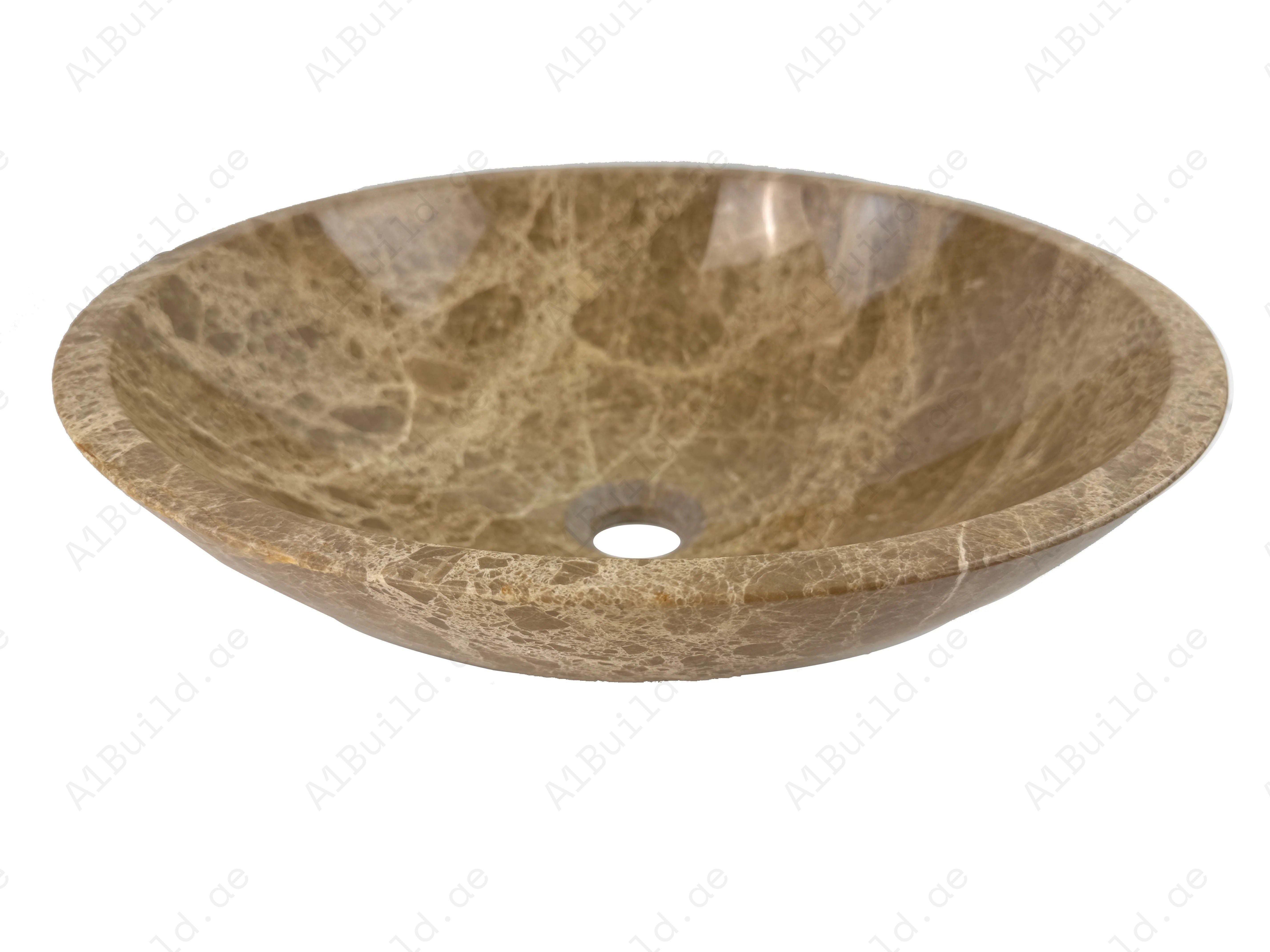 Enhance your bathroom with the Marble Muse Light Emperador Round Marble Basin, featuring a polished surface, timeless elegance, and exceptional durability.