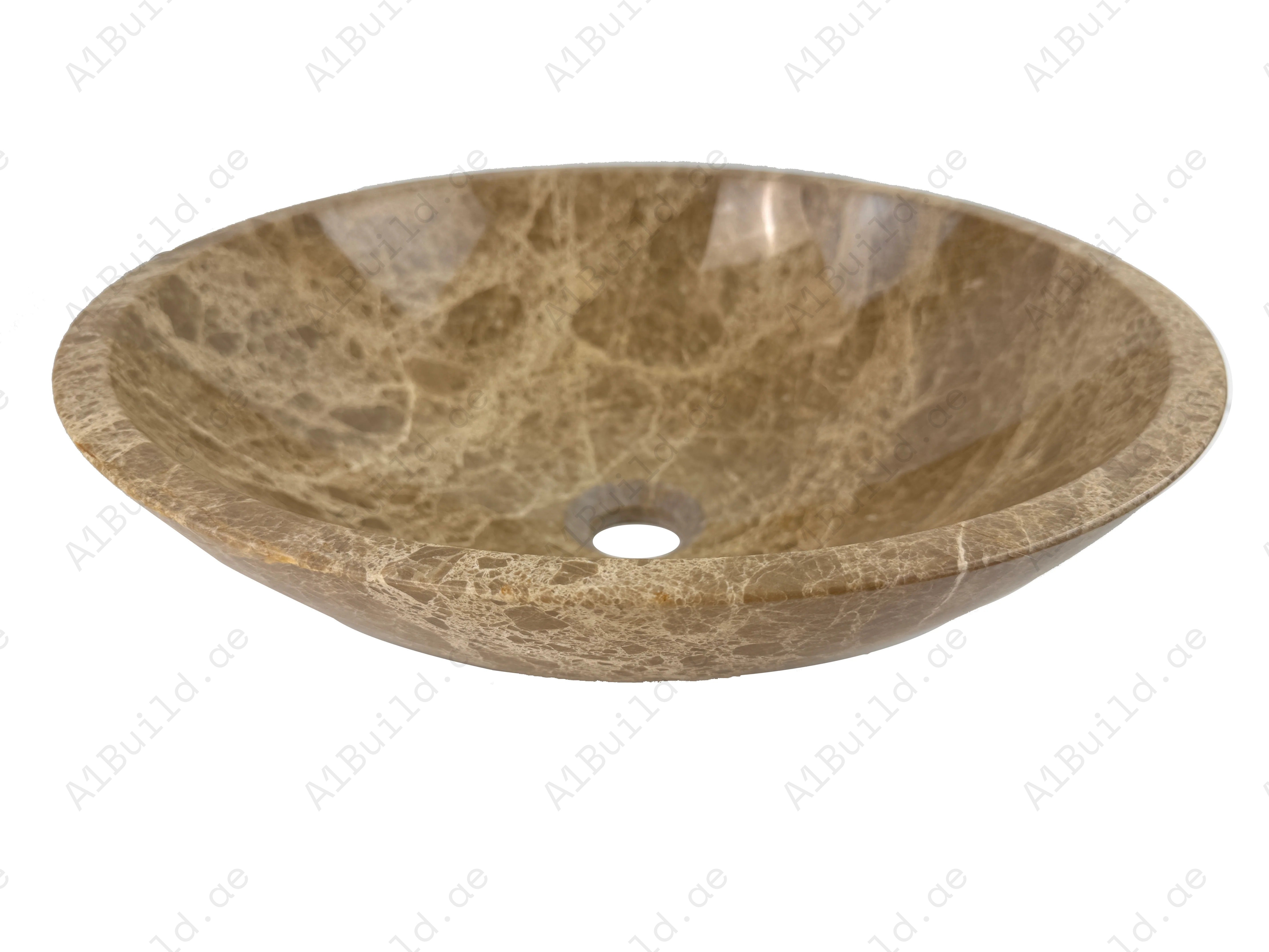 Enhance your bathroom with the Marble Muse Light Emperador Round Marble Basin, featuring a polished surface, timeless elegance, and exceptional durability.