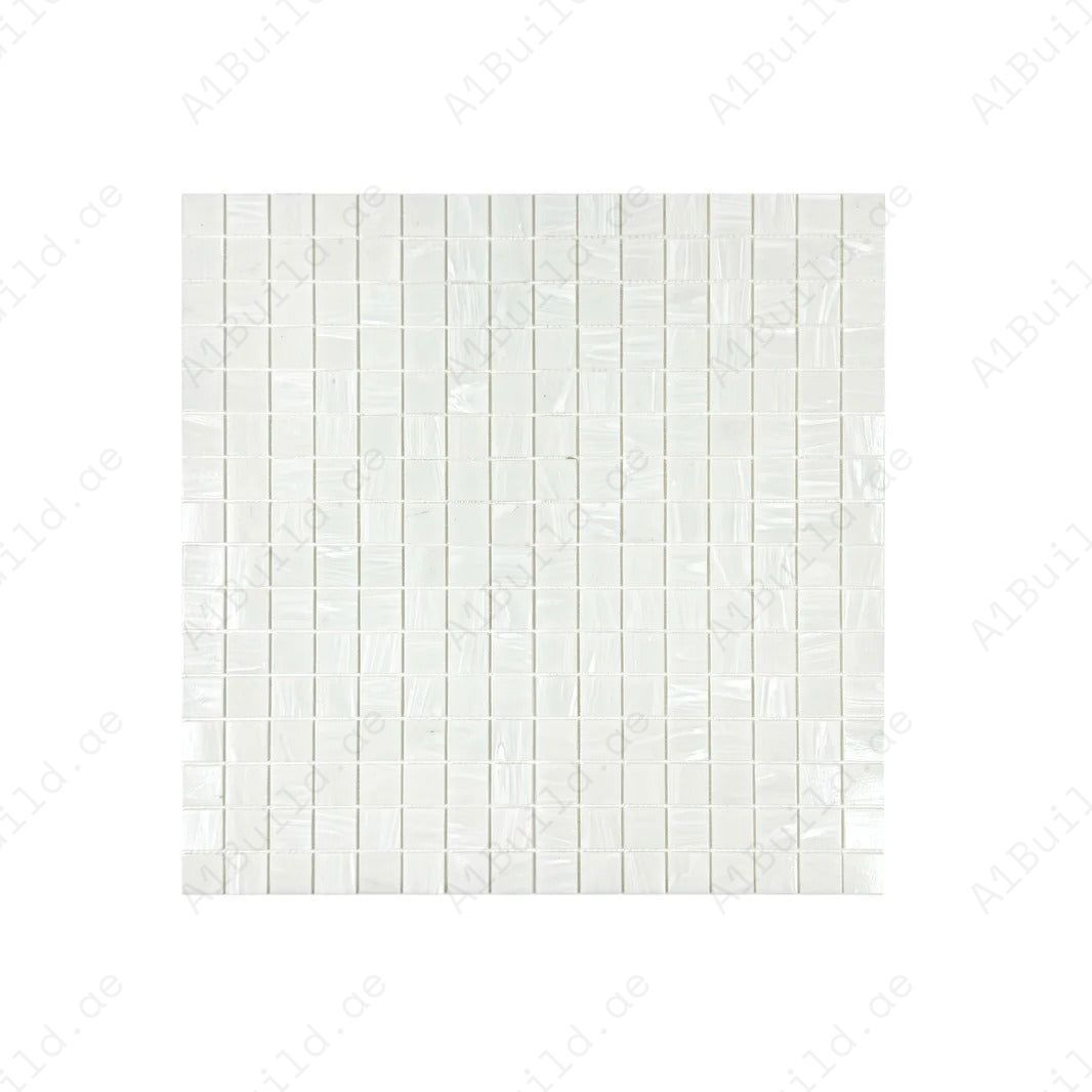 Enhance your pool with White Iridescent Hot Melt Glass Mosaic tiles – UV-resistant, eco-friendly, perfect for pools, spas, and water features in Dubai.