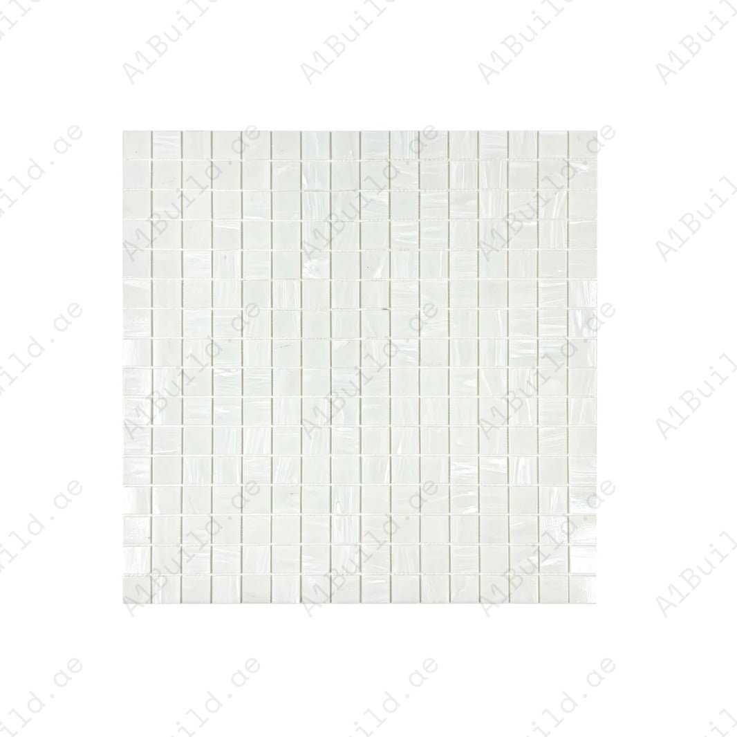 Enhance your pool with White Iridescent Hot Melt Glass Mosaic tiles – UV-resistant, eco-friendly, perfect for pools, spas, and water features in Dubai.